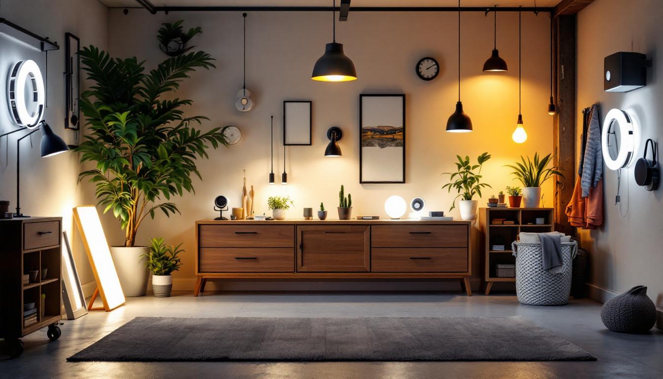 A photograph of capture a photograph of a well-lit garage showcasing various affordable lighting solutions