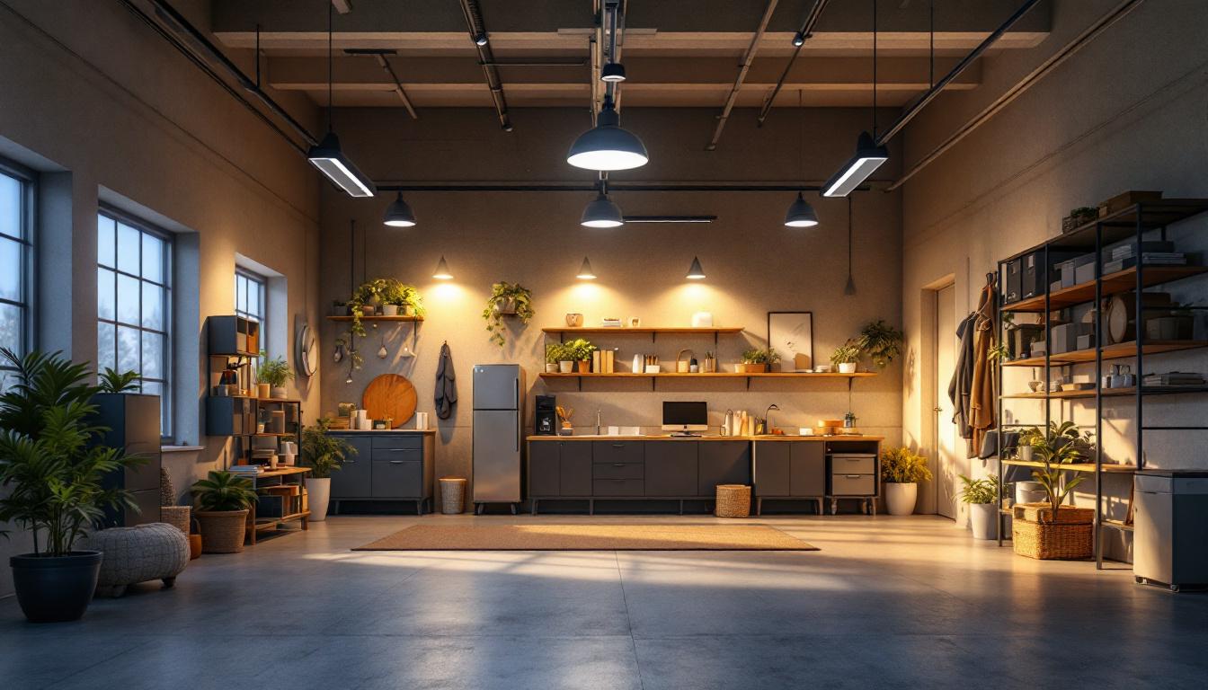 A photograph of a well-lit garage interior showcasing various types of energy-efficient lighting options