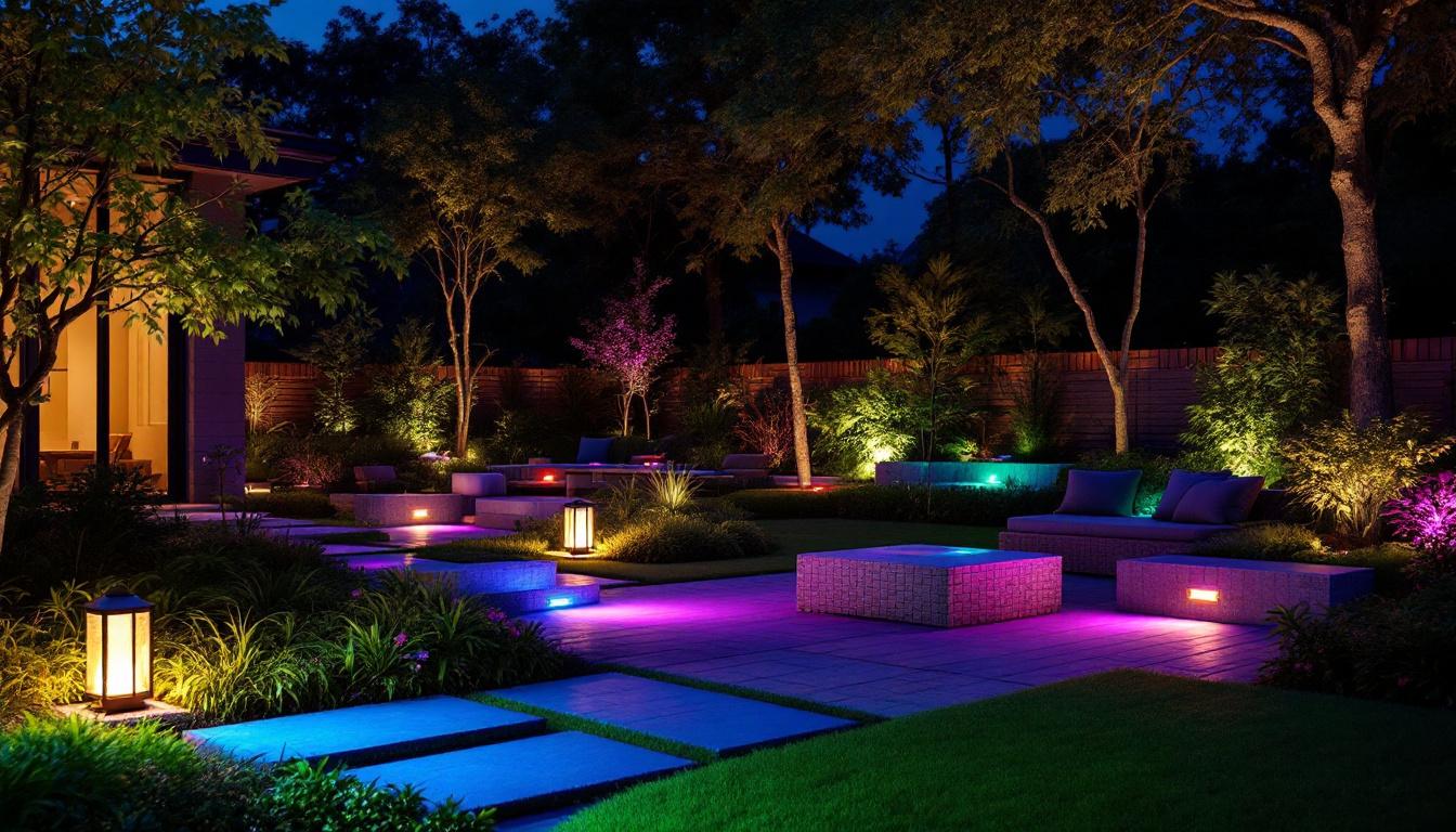 A photograph of a beautifully landscaped outdoor space illuminated by vibrant color-changing led recessed lights