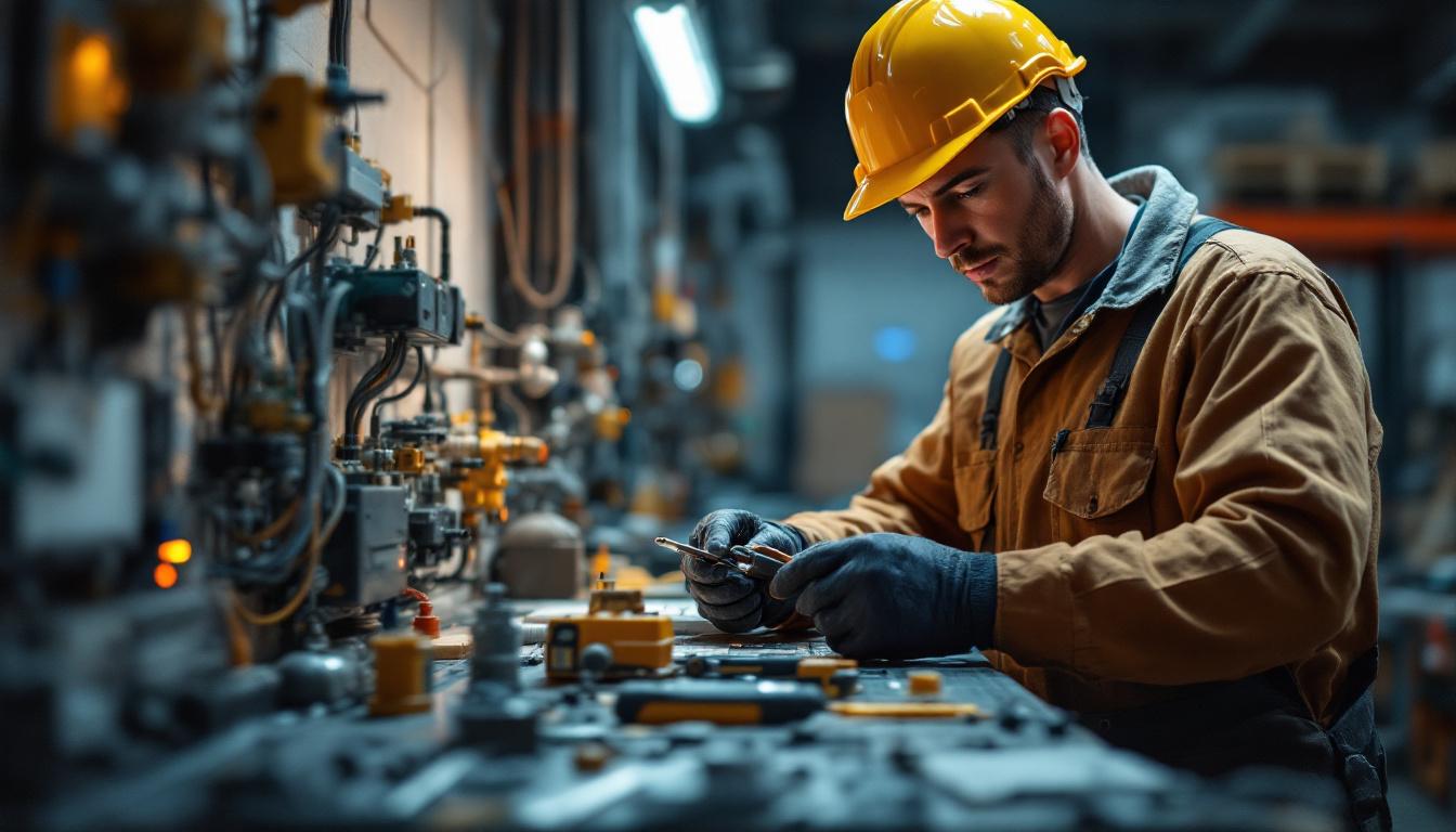 A photograph of a skilled electrician using innovative tools in a dynamic work environment
