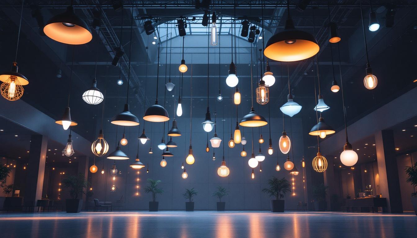 A photograph of a beautifully designed large-scale lighting installation featuring various types of hanging lights in a spacious setting