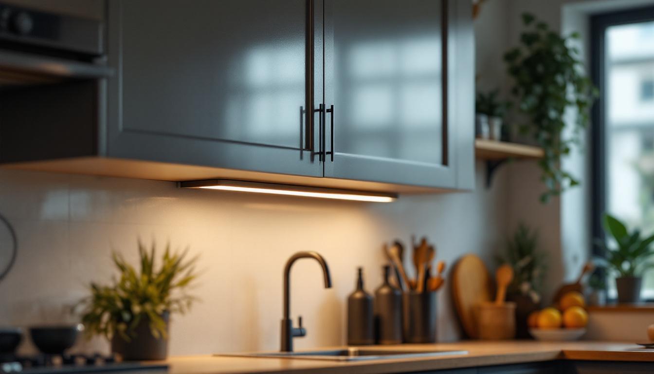 A photograph of a well-lit cabinet fixture installed in a modern kitchen or workspace