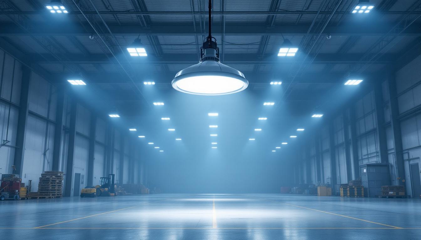 A photograph of a well-lit industrial space showcasing rab high bay lights in action