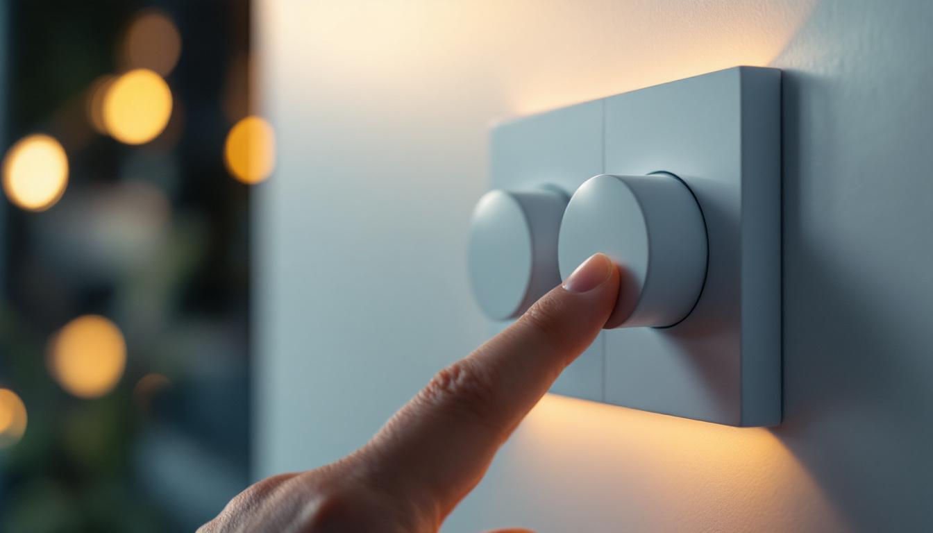 A photograph of a close-up of a modern dimmer switch being adjusted by a hand