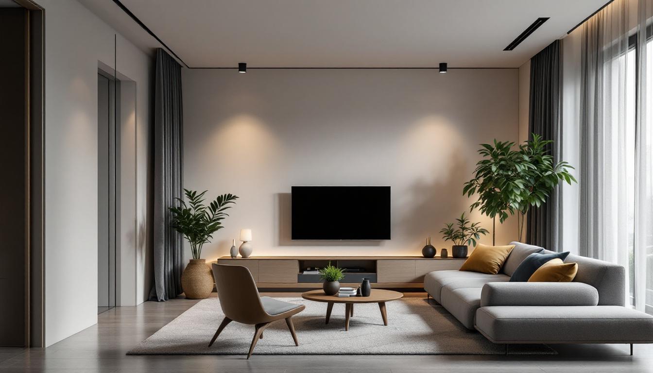 A photograph of a modern living space featuring sleek flush mount pot lights that highlight the room's design