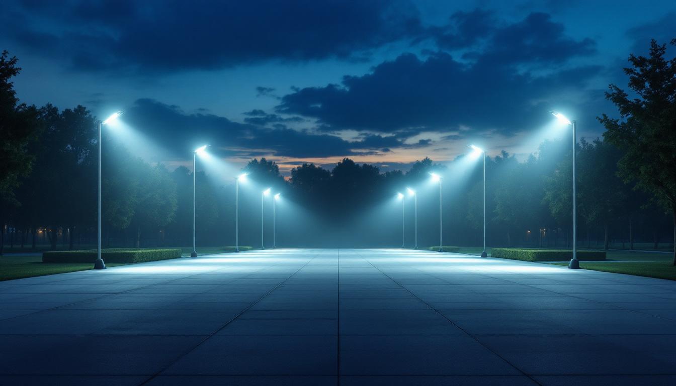 A photograph of a large outdoor area illuminated by big led flood lights at dusk