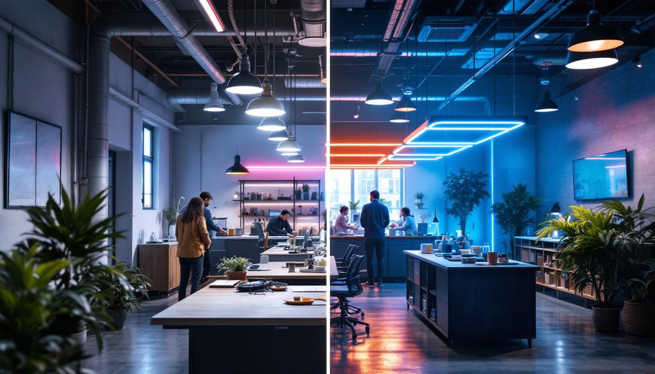 A photograph of a well-lit industrial workspace featuring led lighting fixtures in action