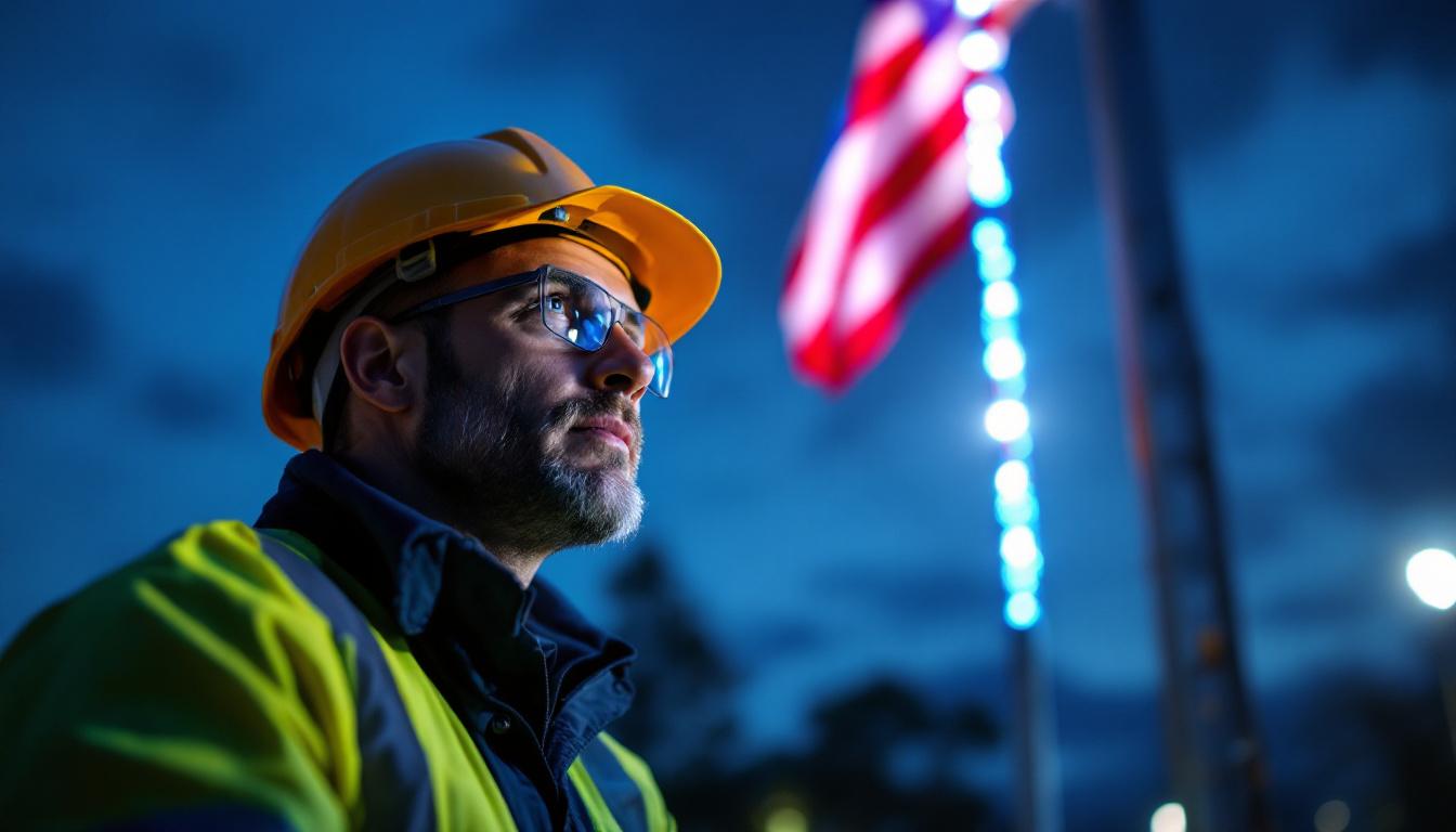 A photograph of a professional electrical engineer examining a vibrant led flag pole light installation at dusk