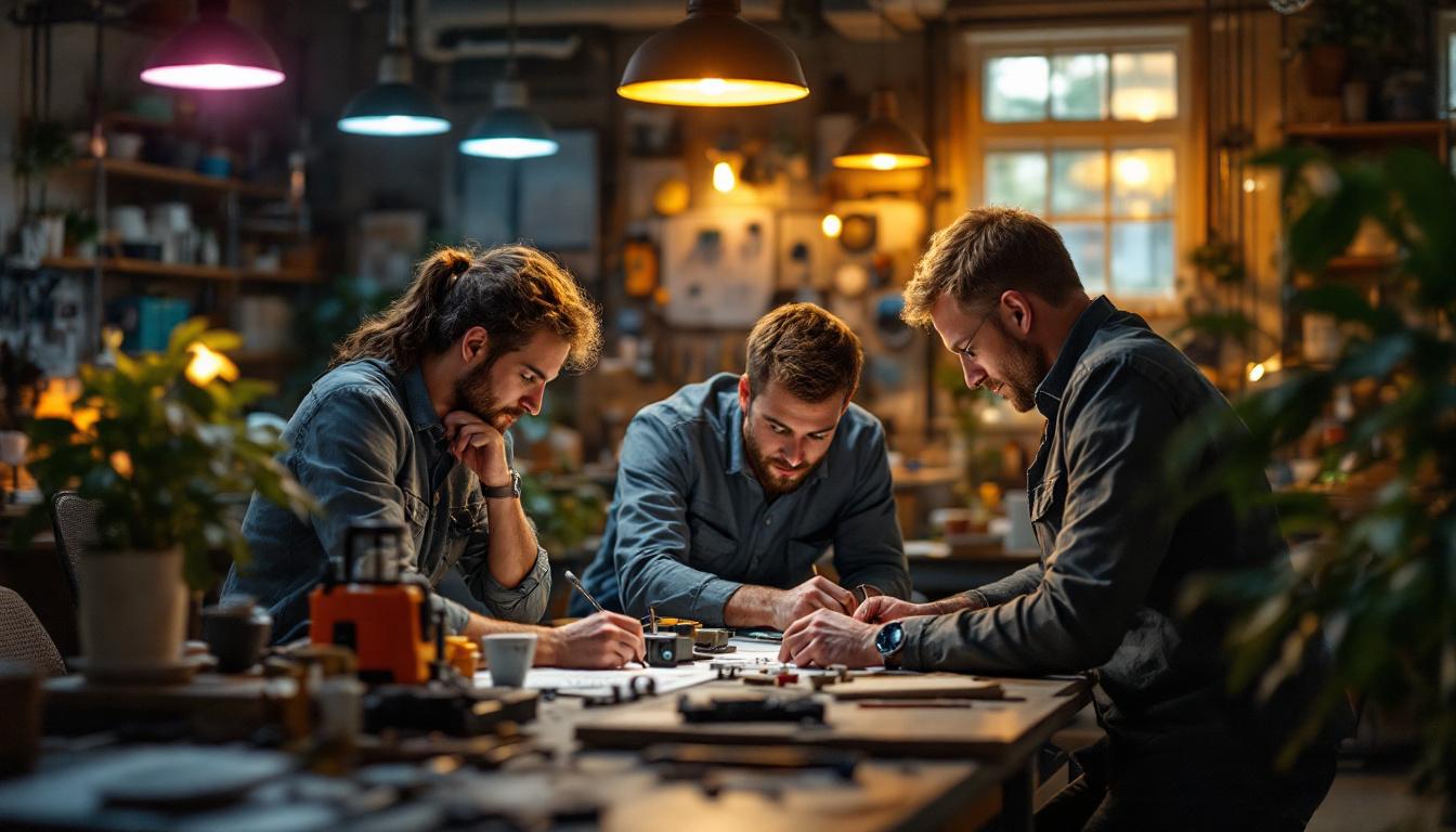 A photograph of a dynamic workspace where electrical engineers are collaborating over innovative designs