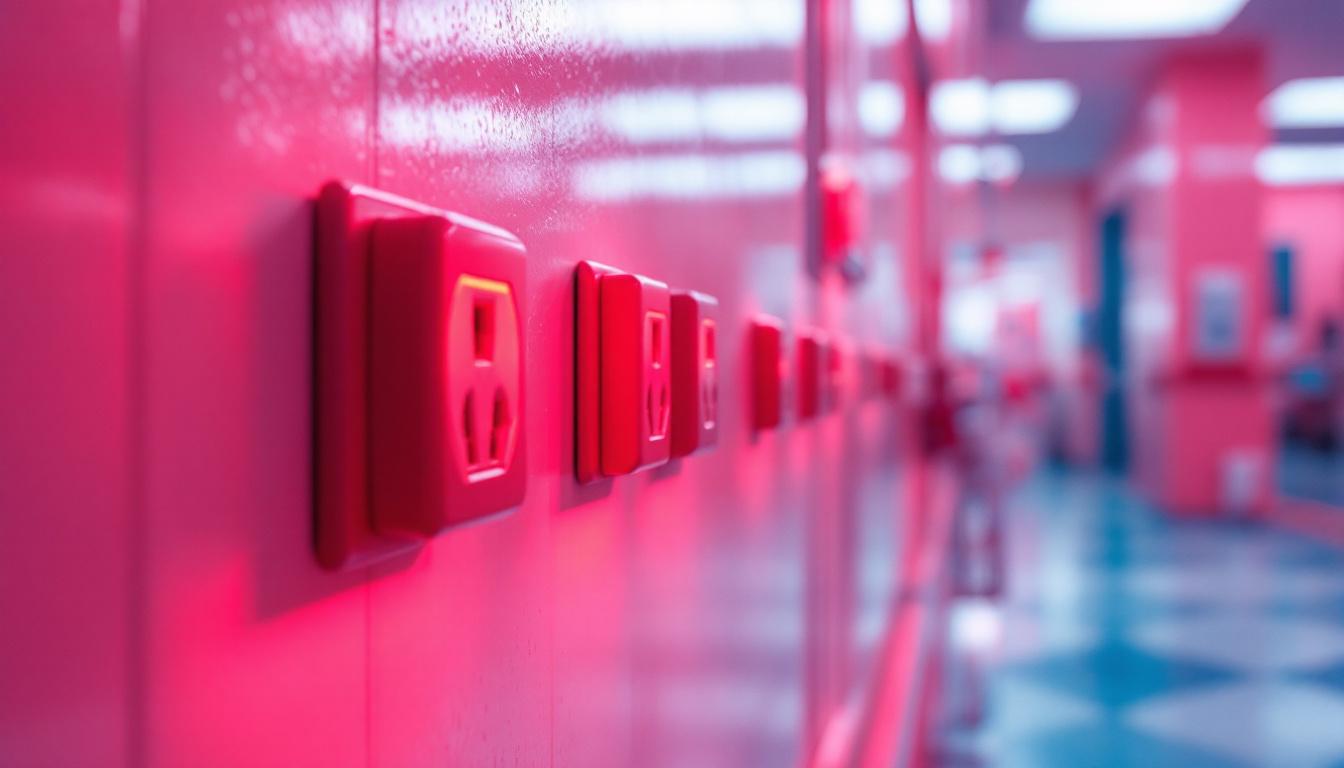 A photograph of a hospital room featuring red outlets prominently