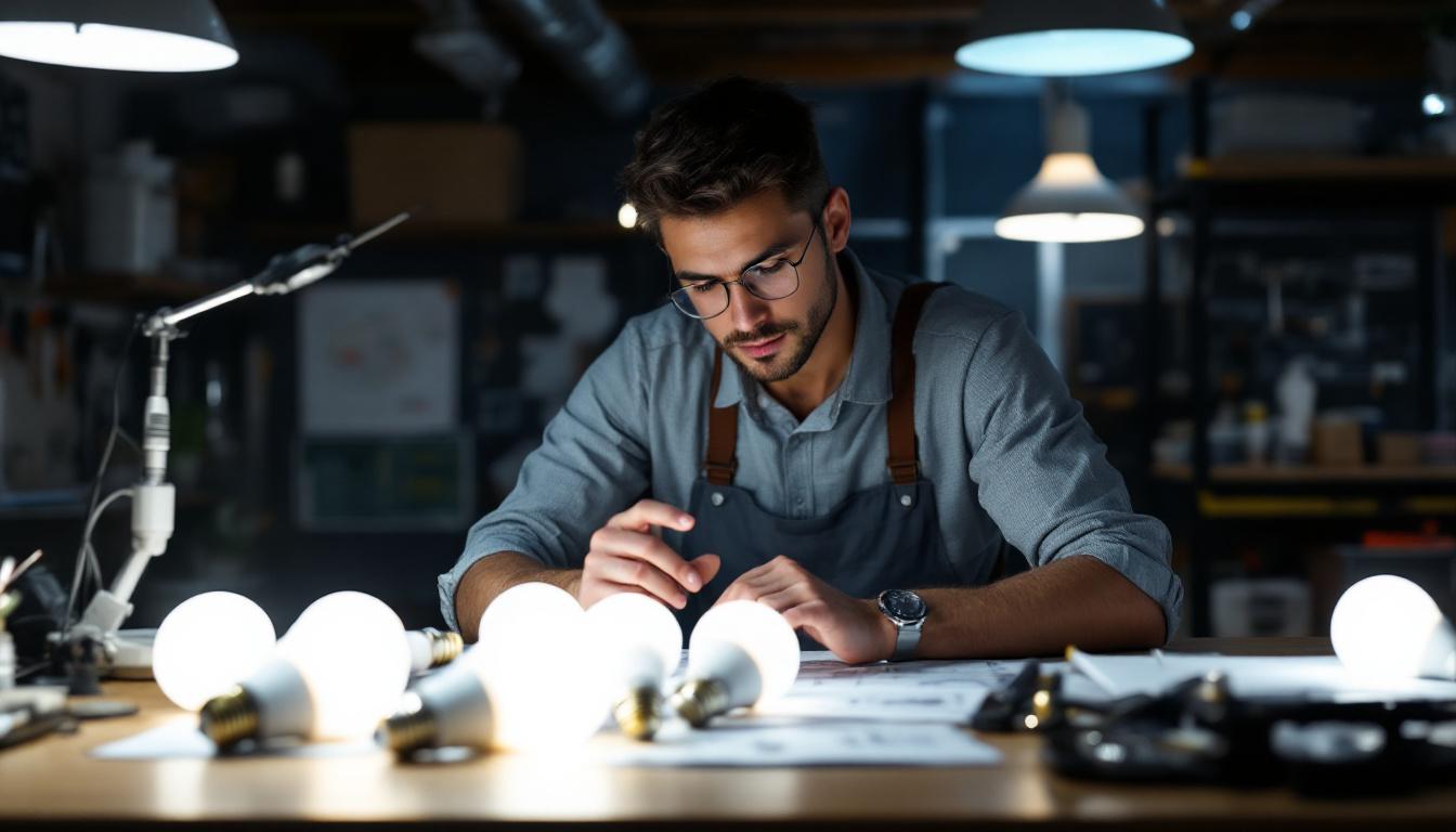 A photograph of a well-lit workspace featuring an electrical engineer examining various wholesale led light bulbs