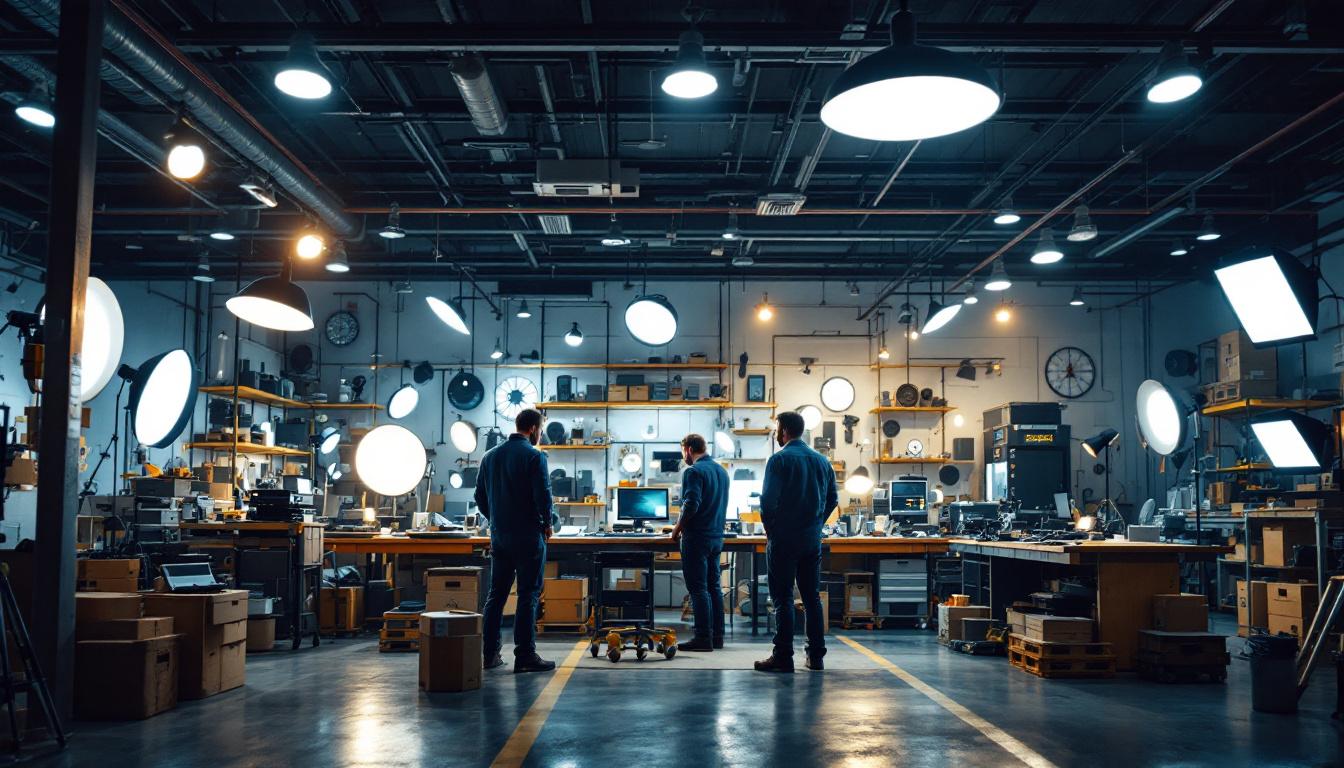 A photograph of a well-organized warehouse showcasing various lighting tools and equipment