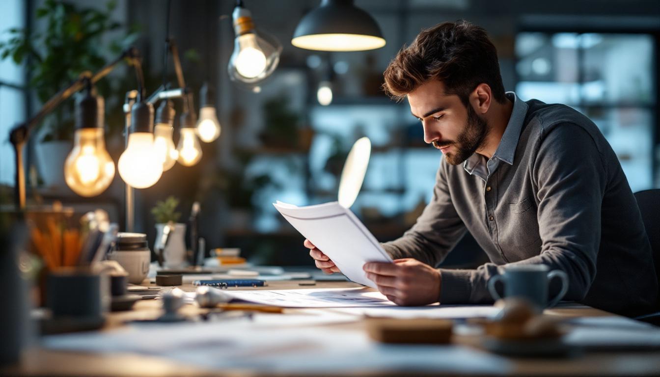 A photograph of a well-lit workspace featuring various types of lightbulbs and lighting fixtures