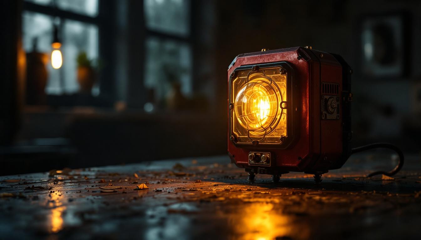 A photograph of a vintage emergency light in a dimly lit setting