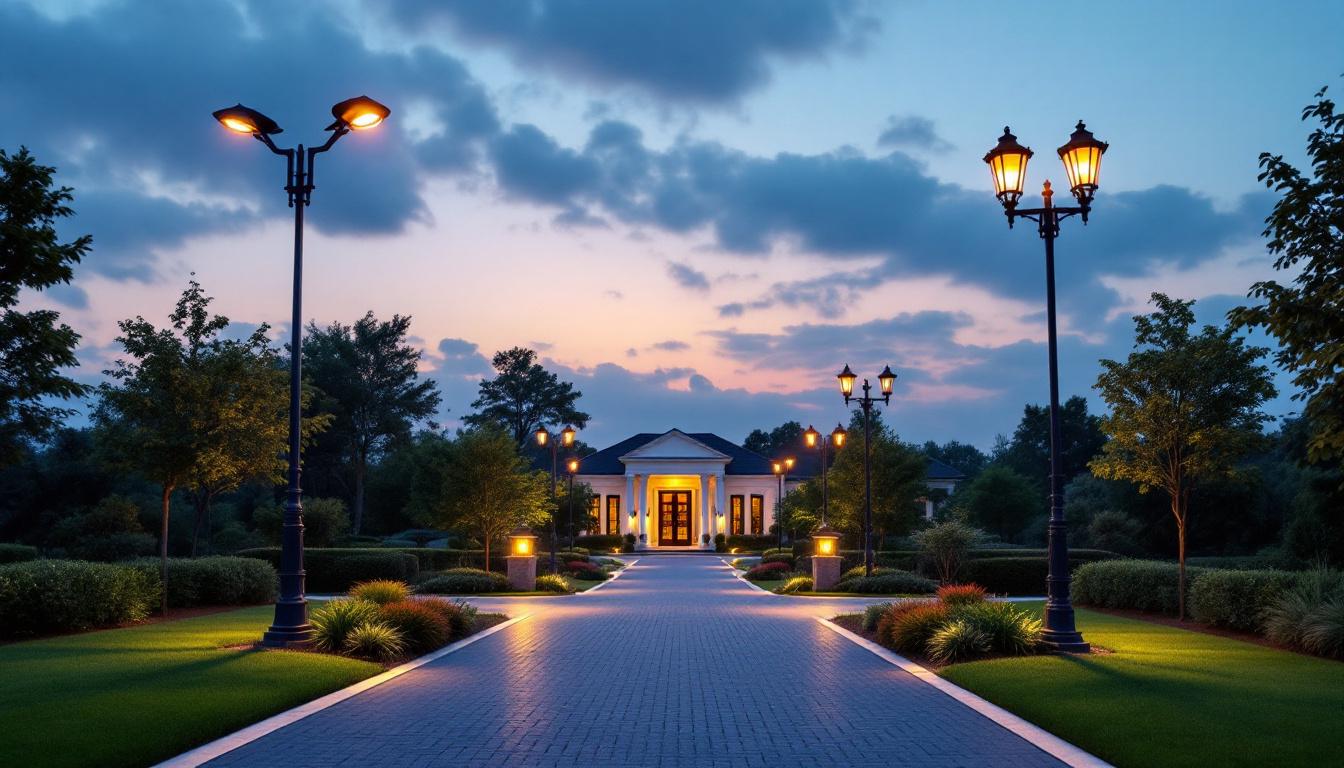 A photograph of a beautifully designed driveway featuring both industrial and commercial lamp posts