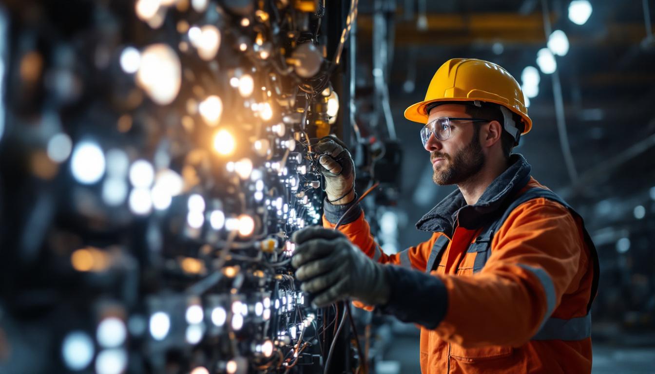 A photograph of a skilled technician carefully removing ballast from a large-scale lighting installation