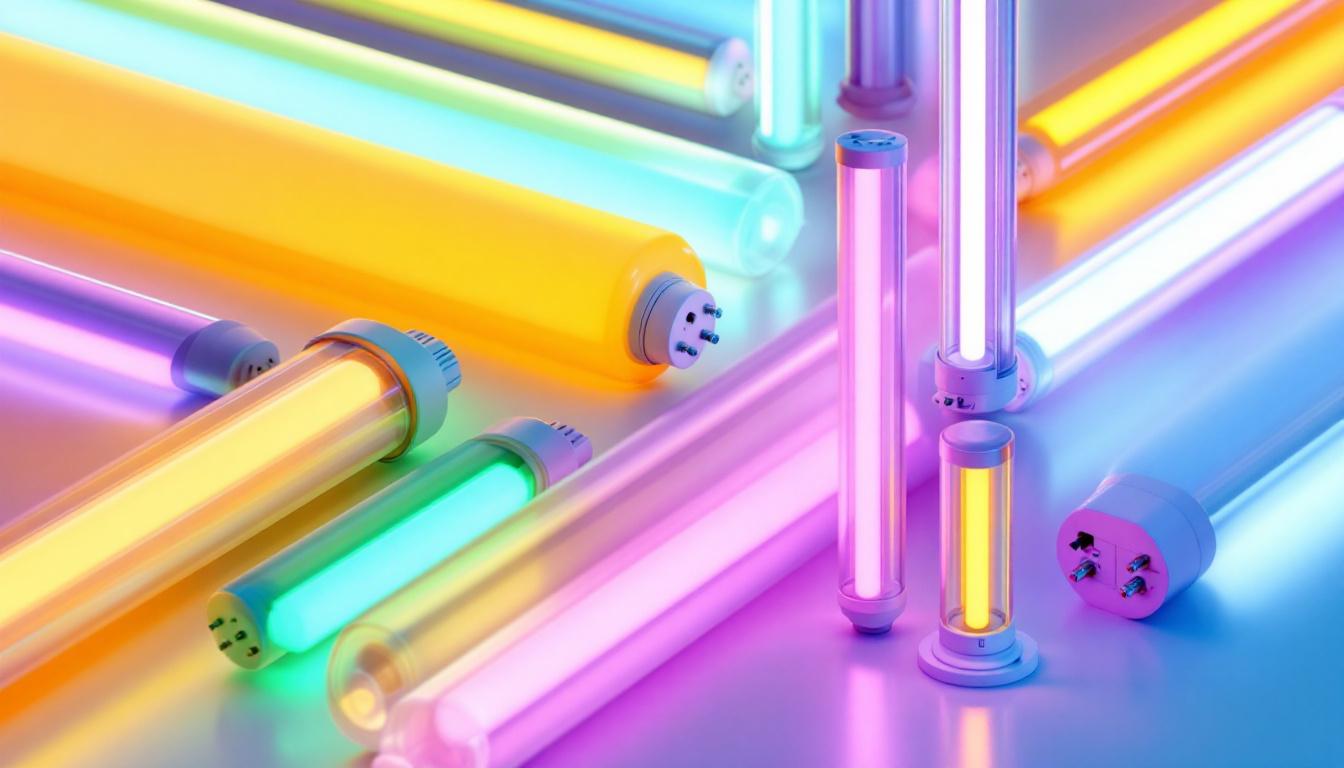 A photograph of a variety of t8 fluorescent tubes arranged in a visually appealing way