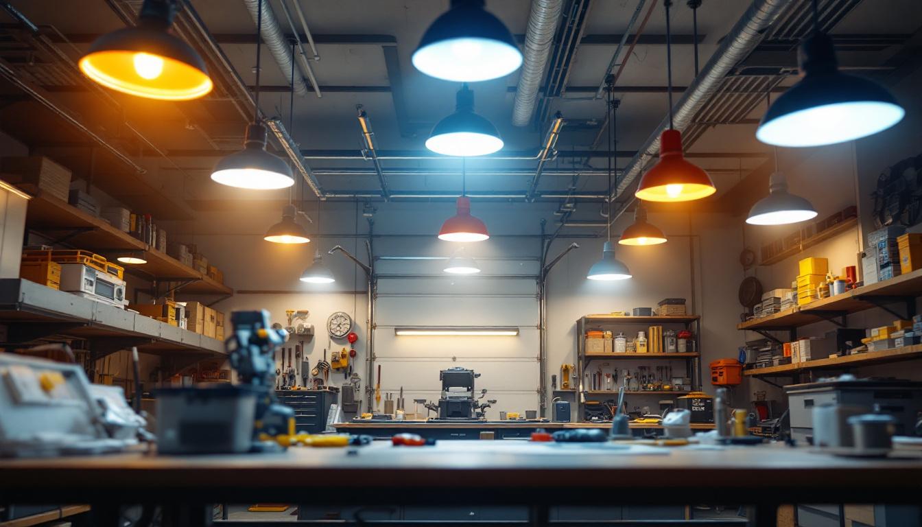 A photograph of a well-lit garage interior showcasing various overhead lighting solutions