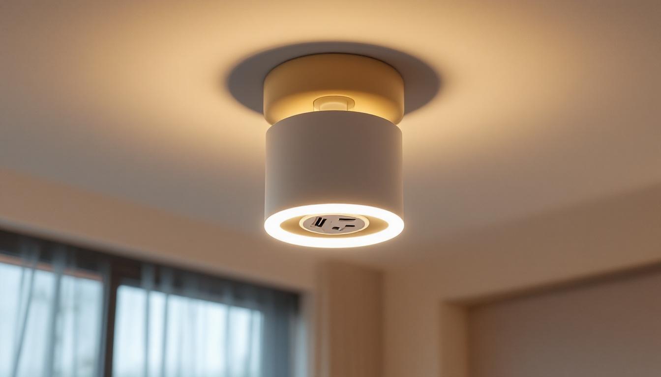 A photograph of a stylish ceiling light fixture with an integrated receptacle