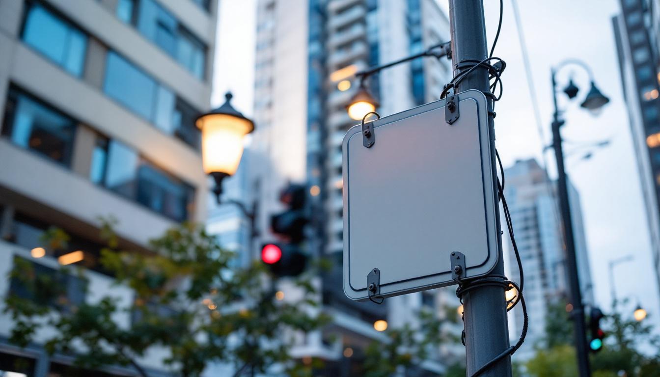A photograph of a well-installed light pole sign bracket in an urban setting