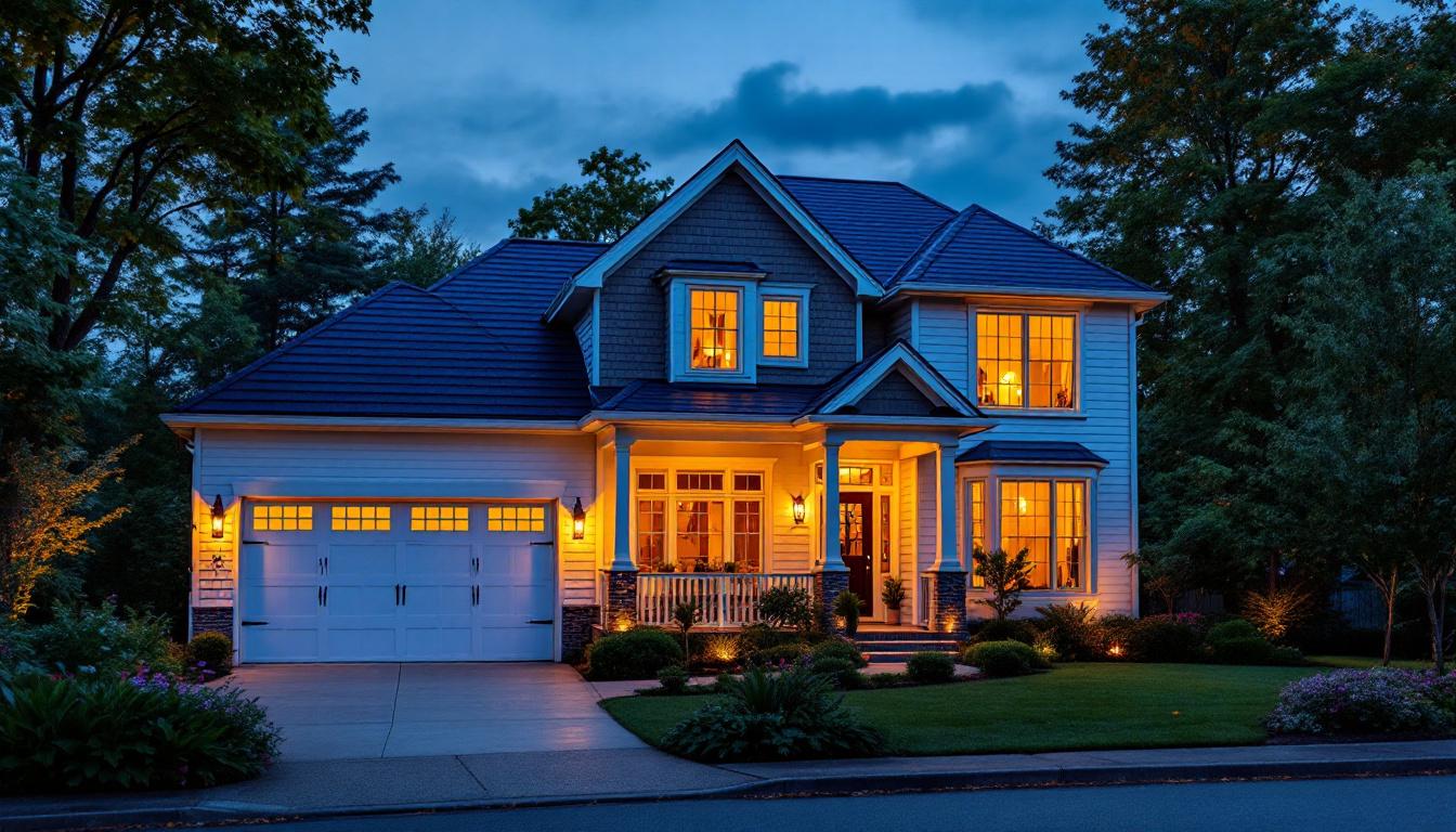 A photograph of a beautifully illuminated exterior of a house at dusk
