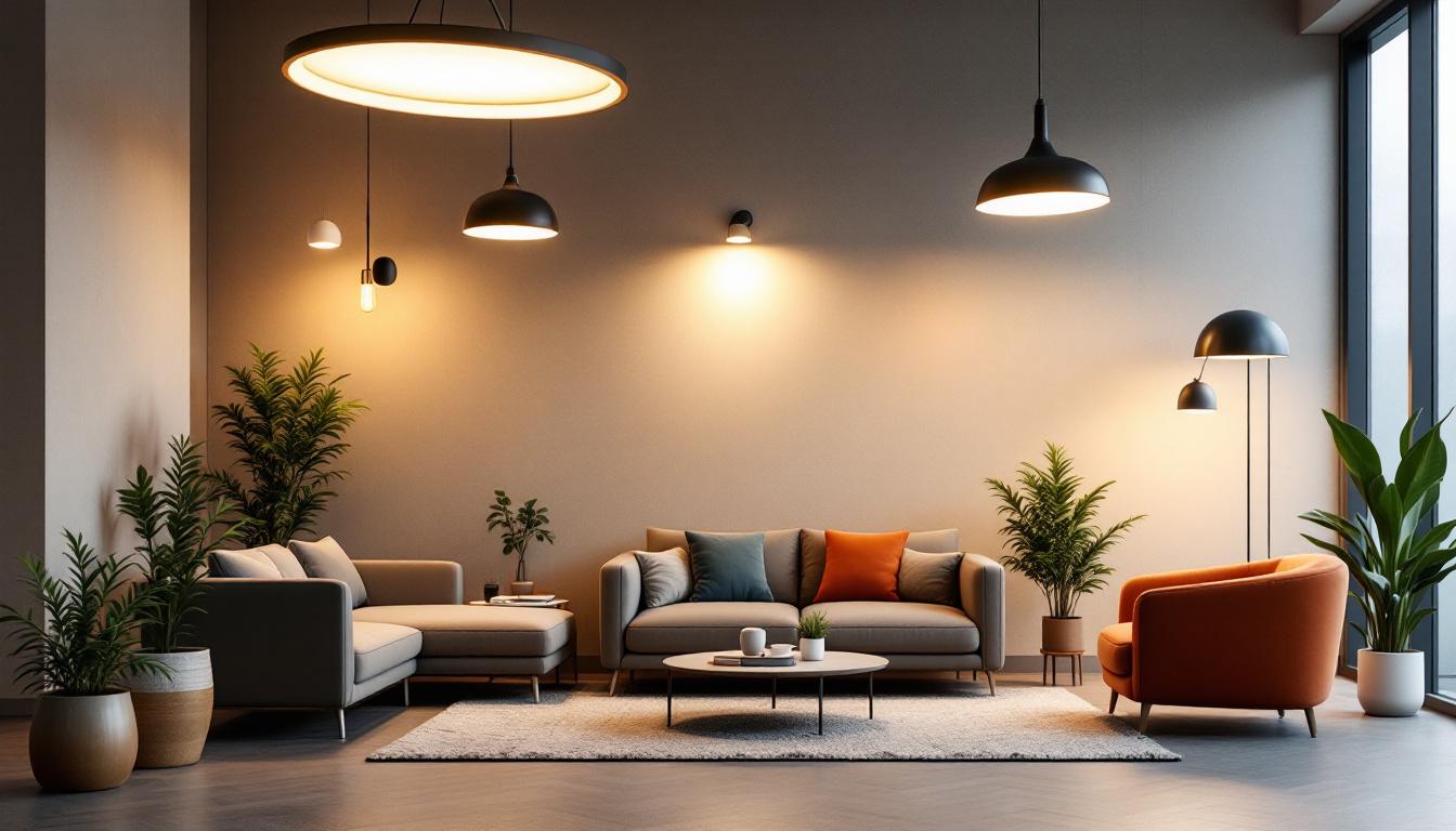 A photograph of a modern interior space featuring a variety of innovative light fixtures