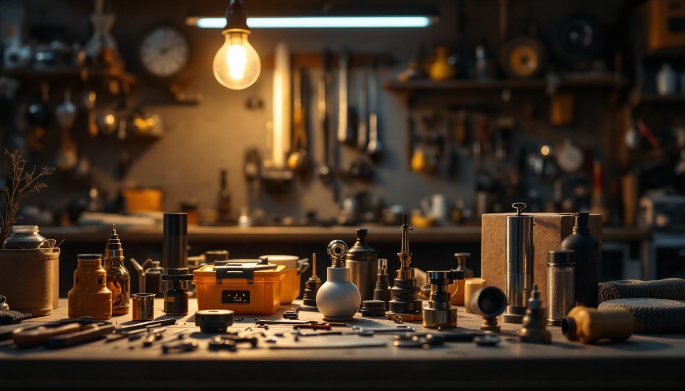 A photograph of a well-lit workshop scene featuring various swag light parts displayed alongside tools and equipment