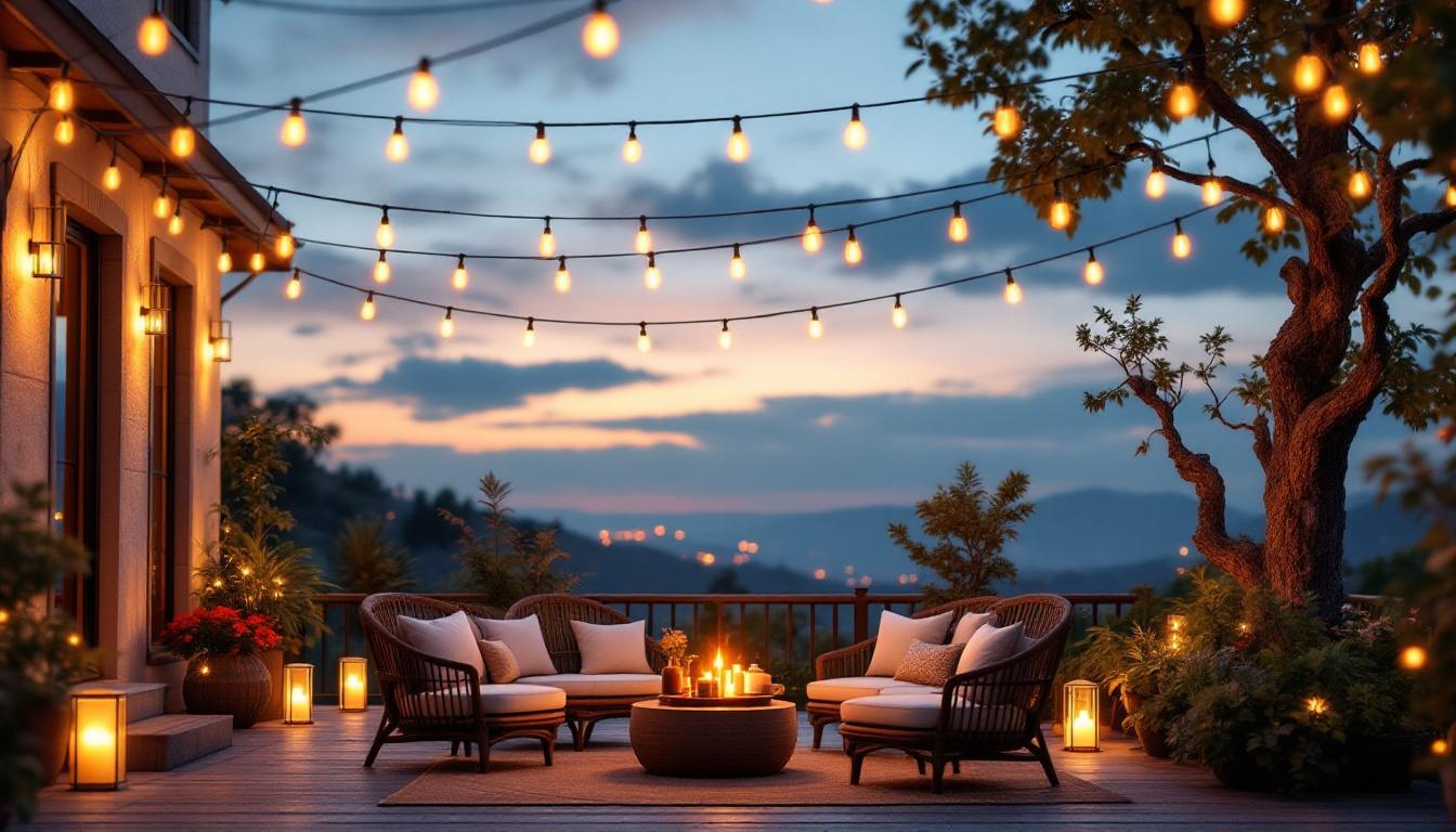 A photograph of a beautifully designed outdoor patio scene at dusk