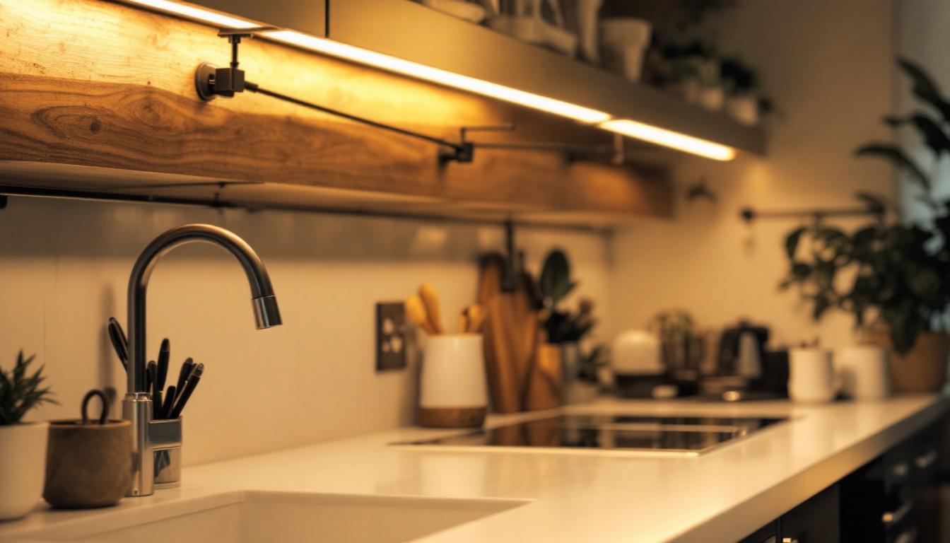 A photograph of a well-lit kitchen or workspace featuring under counter fluorescent light bulbs in use