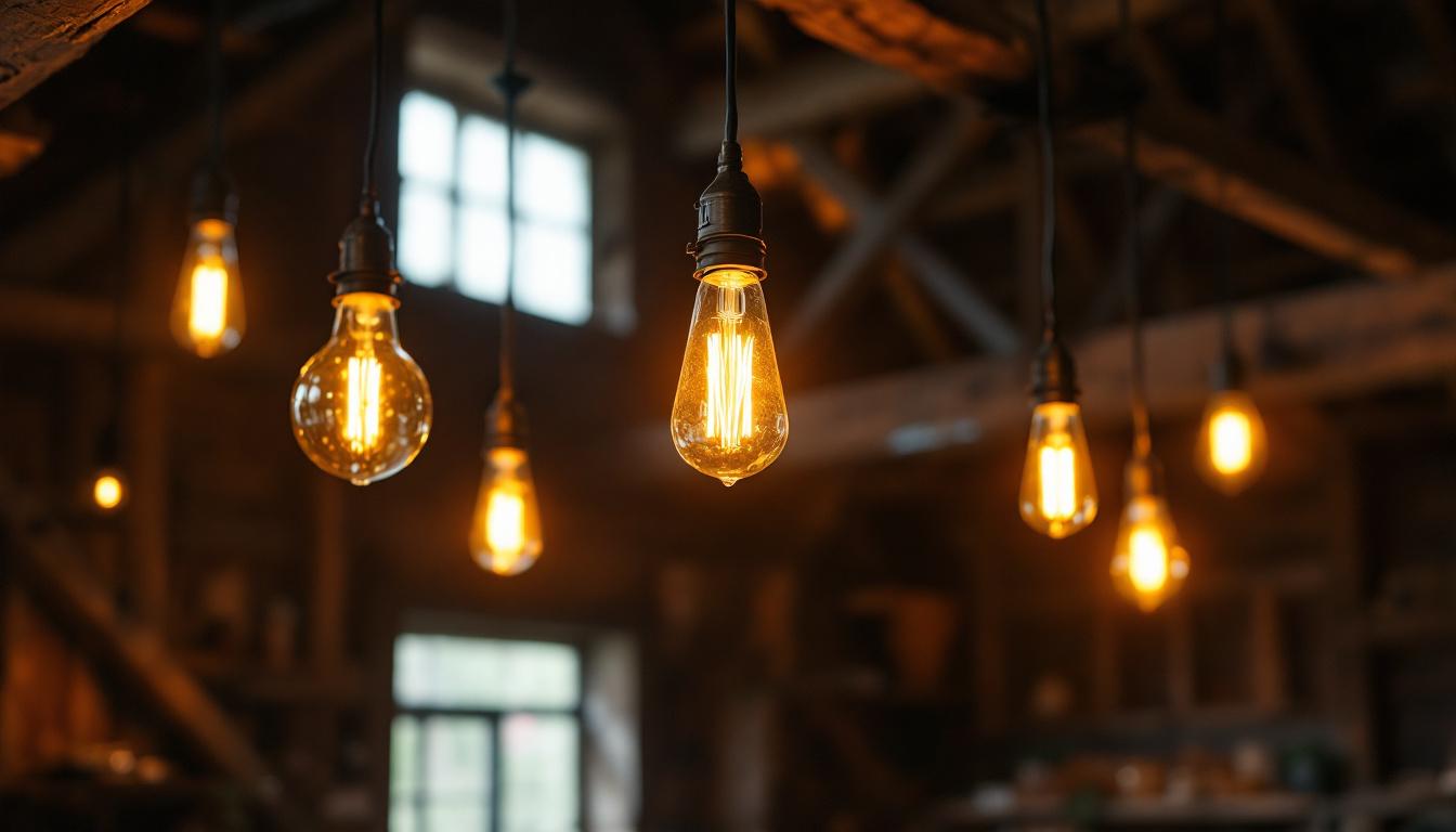 A photograph of an old barn interior featuring vintage lighting fixtures