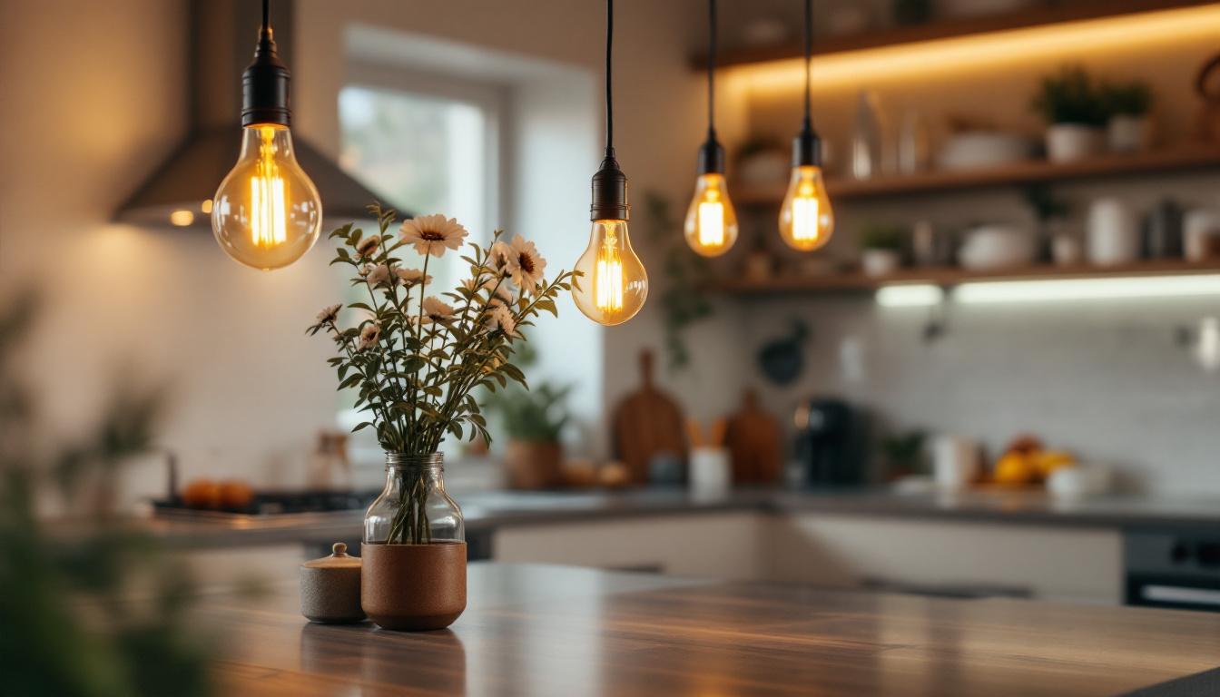 A photograph of a beautifully designed kitchen featuring long light bulbs