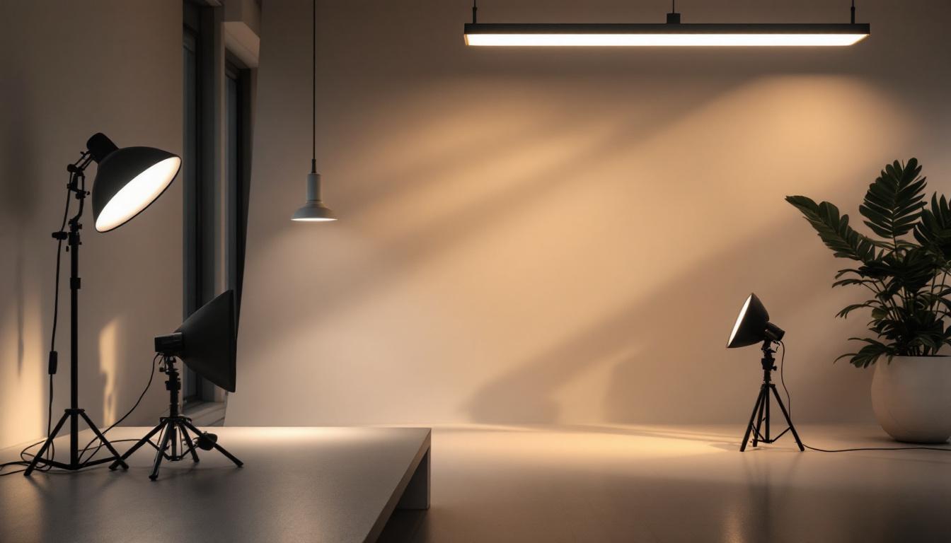 A photograph of a modern lighting design setup featuring various led fixtures in a stylish interior