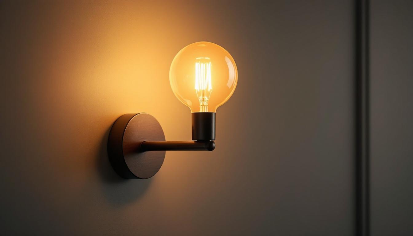 A photograph of a stylish wall sconce illuminated by a warm light bulb