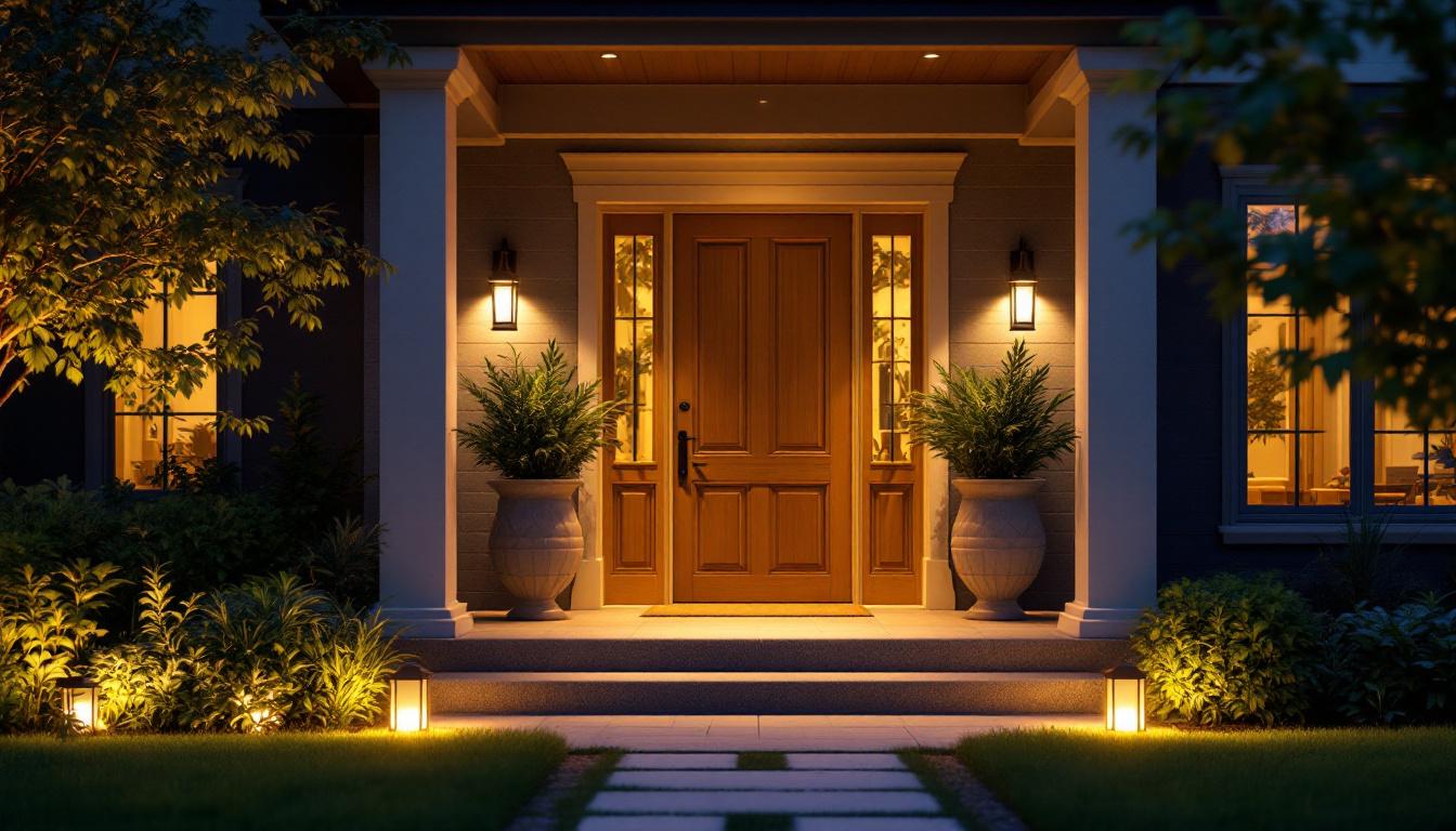 A photograph of a beautifully lit front house entrance featuring eco-friendly lamps that highlight sustainable design elements