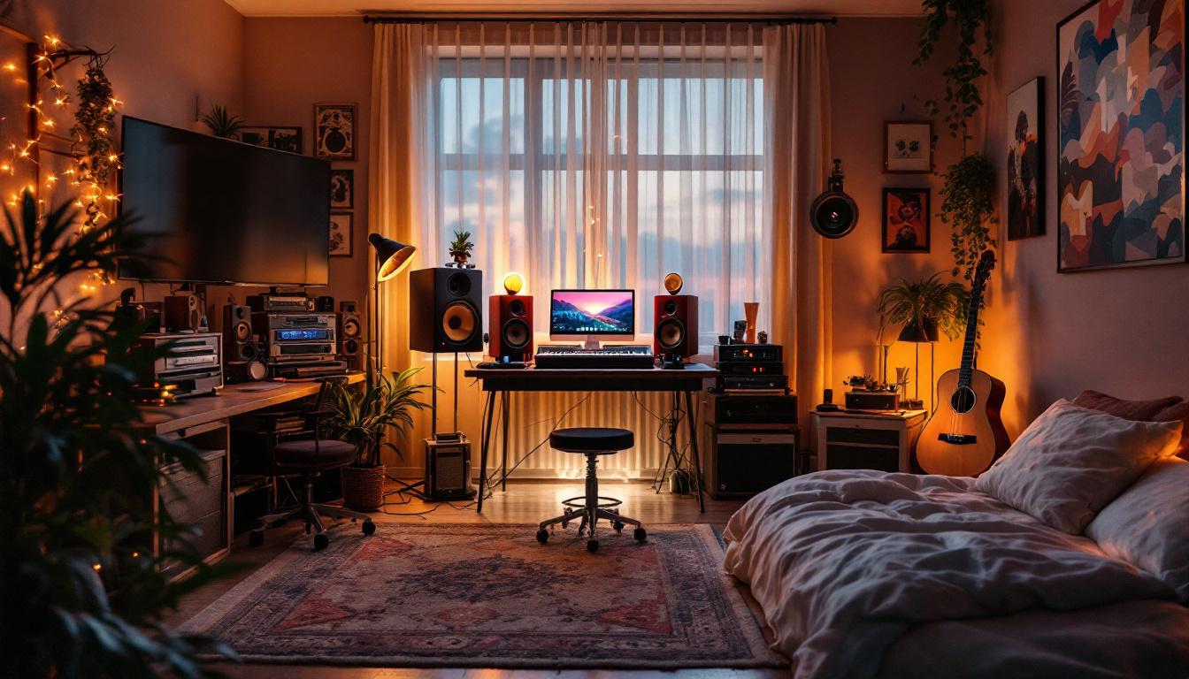 A photograph of a cozy bedroom music studio illuminated by soft