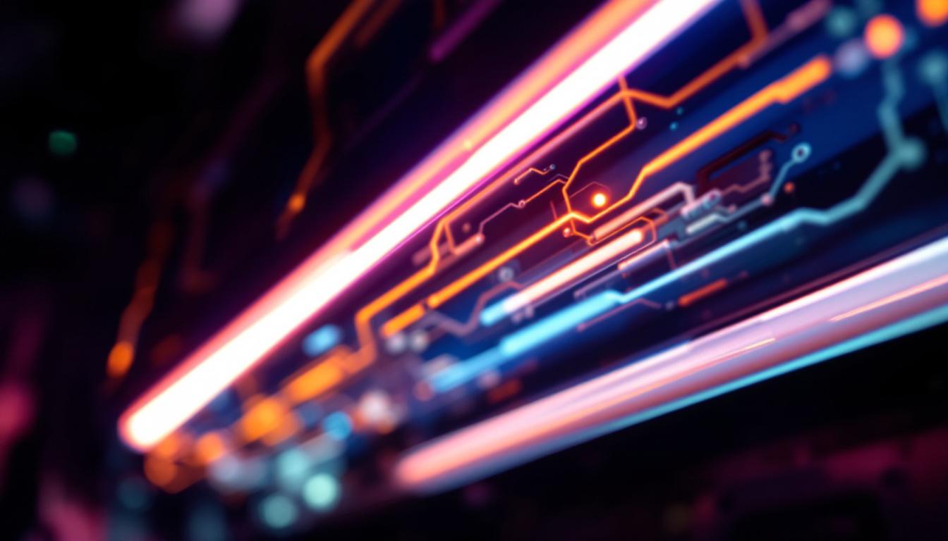 A photograph of a close-up of a glowing fluorescent lamp in a dimly lit environment