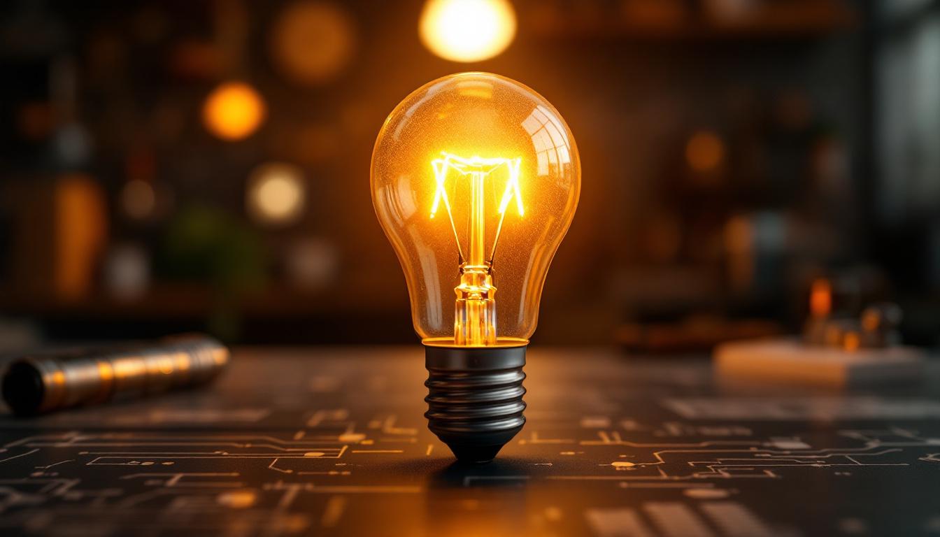A photograph of a close-up of a 120v led light bulb glowing warmly in a modern setting