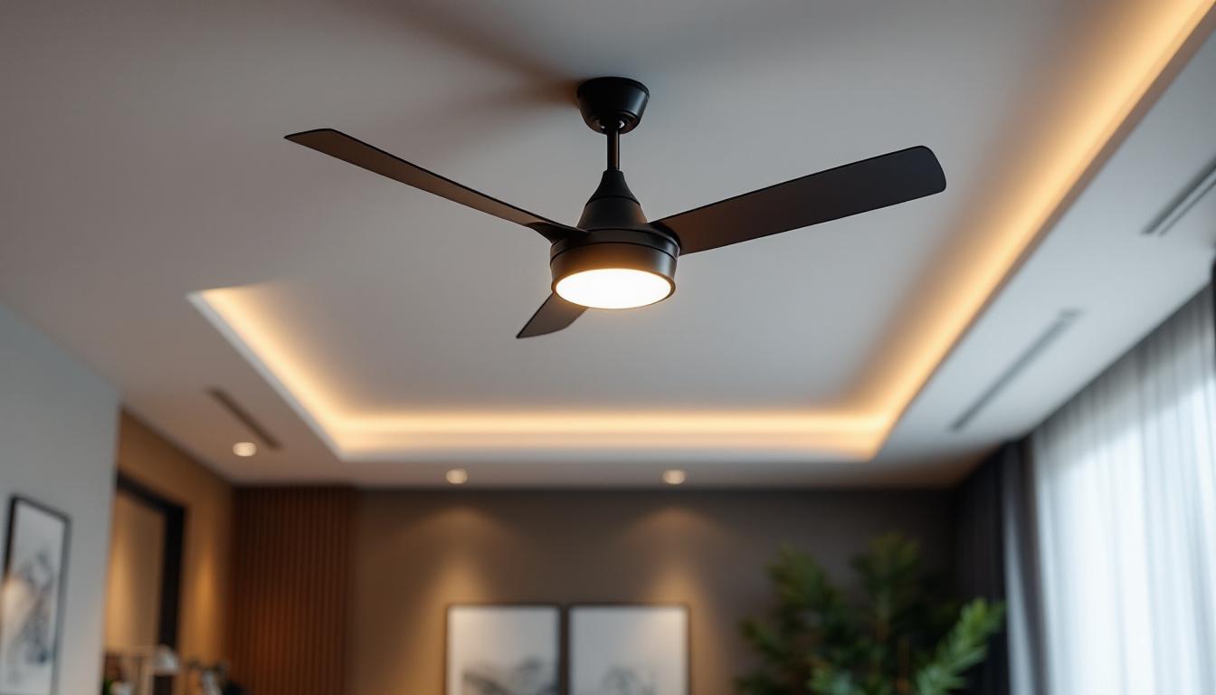 A photograph of a stylish ceiling fan with integrated lighting installed in a modern living space
