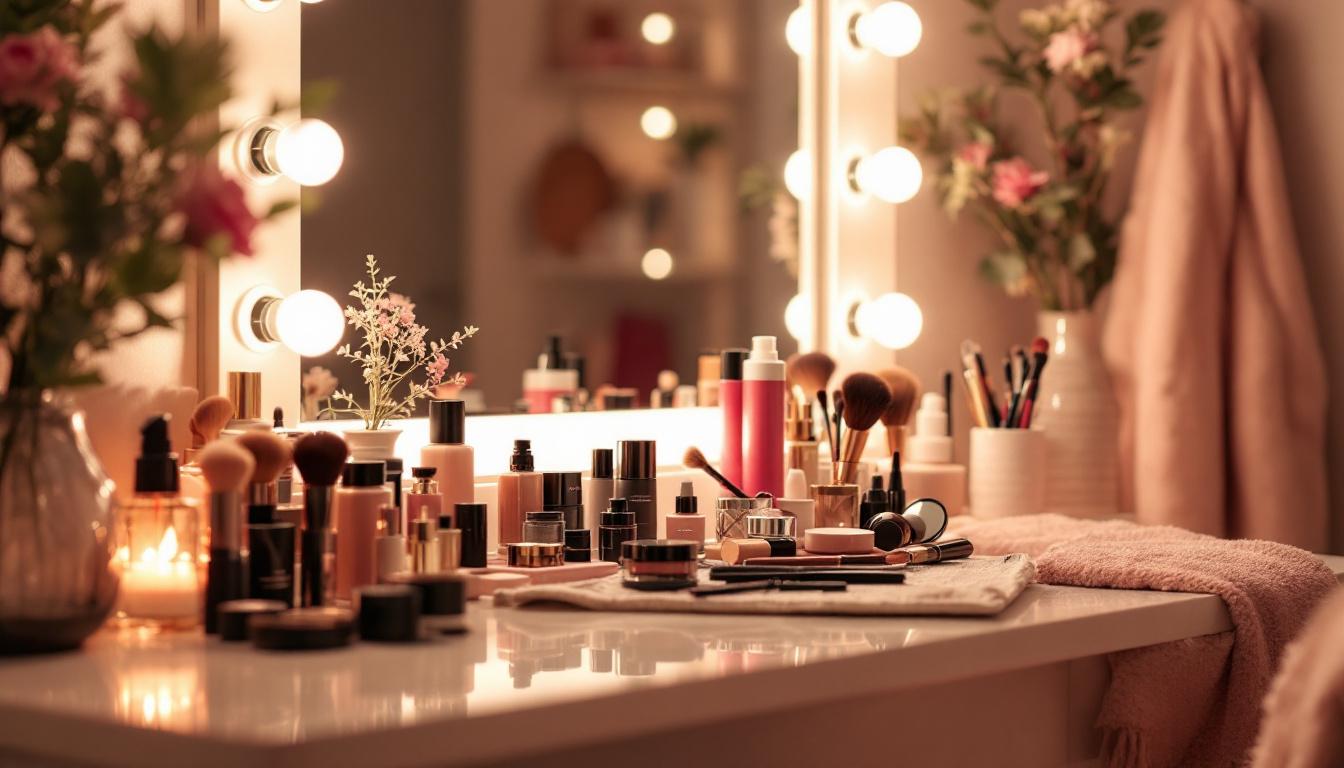 A photograph of a beautifully lit bathroom vanity scene featuring a well-organized makeup station