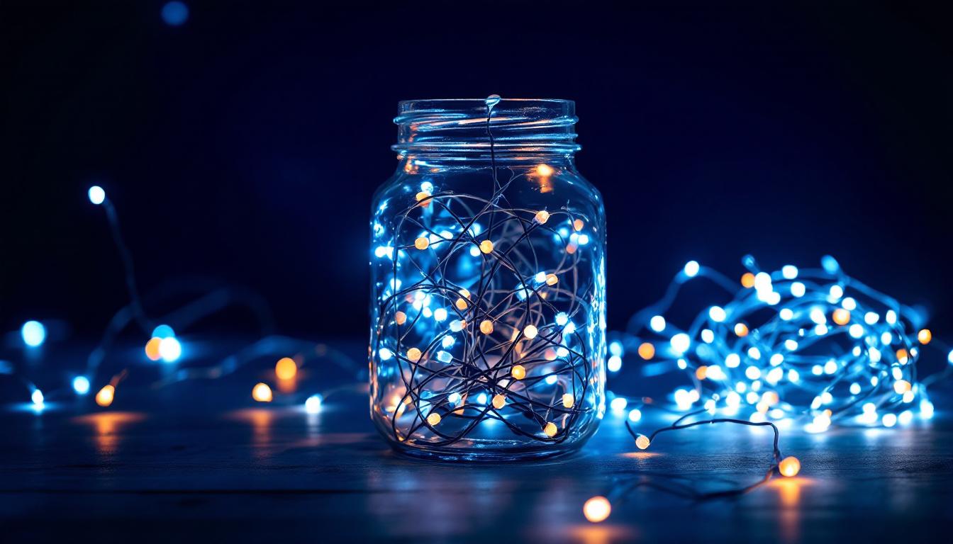 A photograph of a beautifully arranged jar filled with various lighting elements
