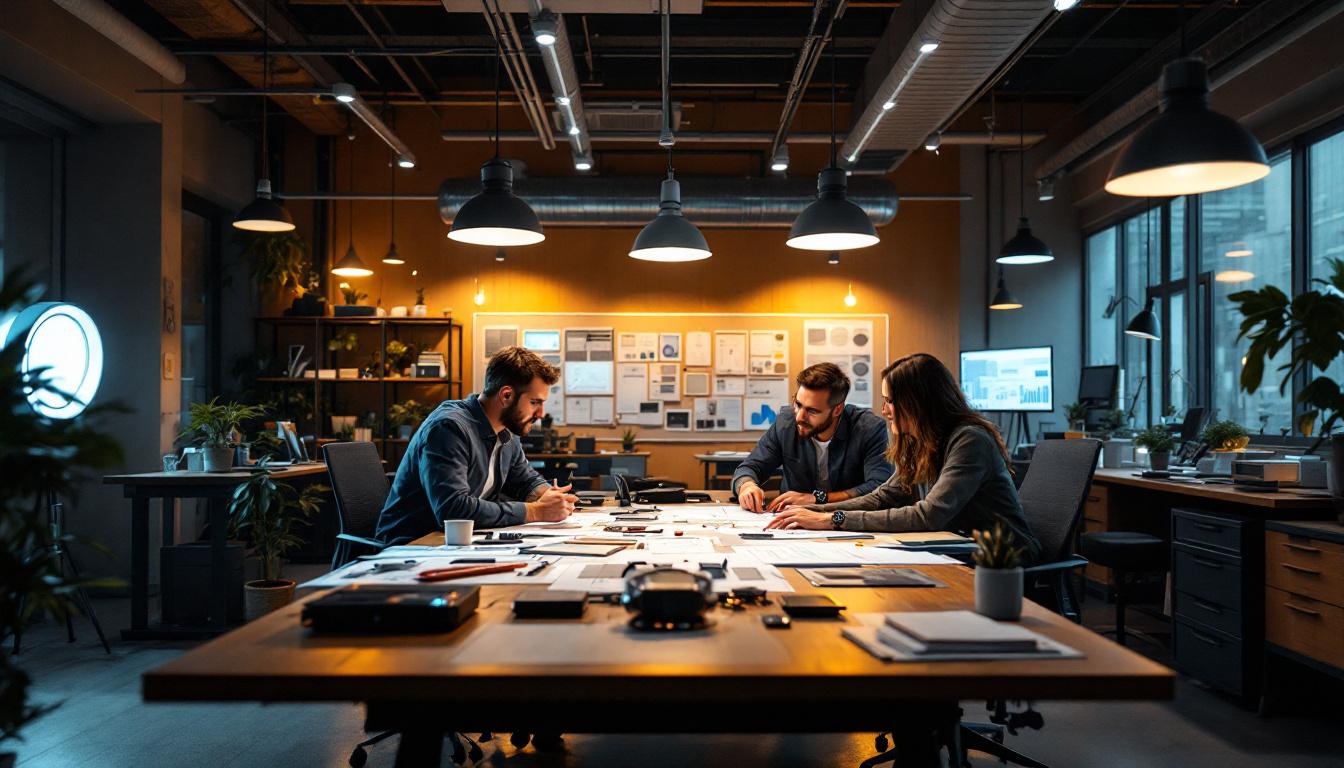 A photograph of a well-lit engineering workspace featuring an array of innovative lighting solutions