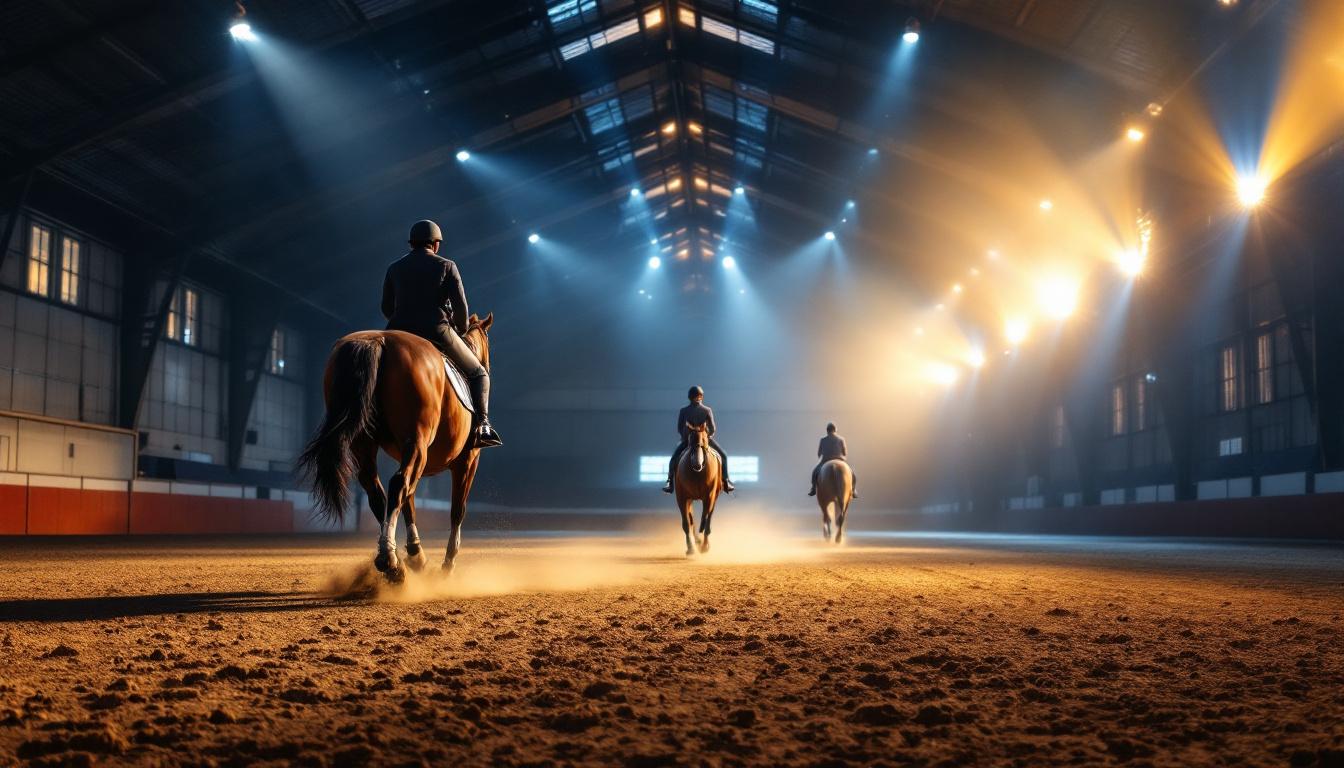 A photograph of a well-lit indoor riding arena showcasing the vibrant atmosphere created by effective lighting