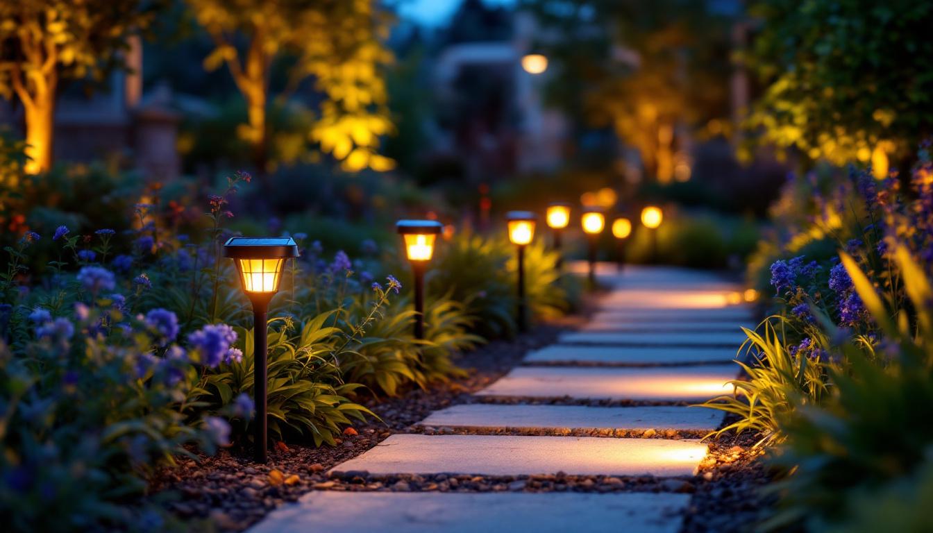 A photograph of a beautifully illuminated garden pathway featuring solar landscape path lights