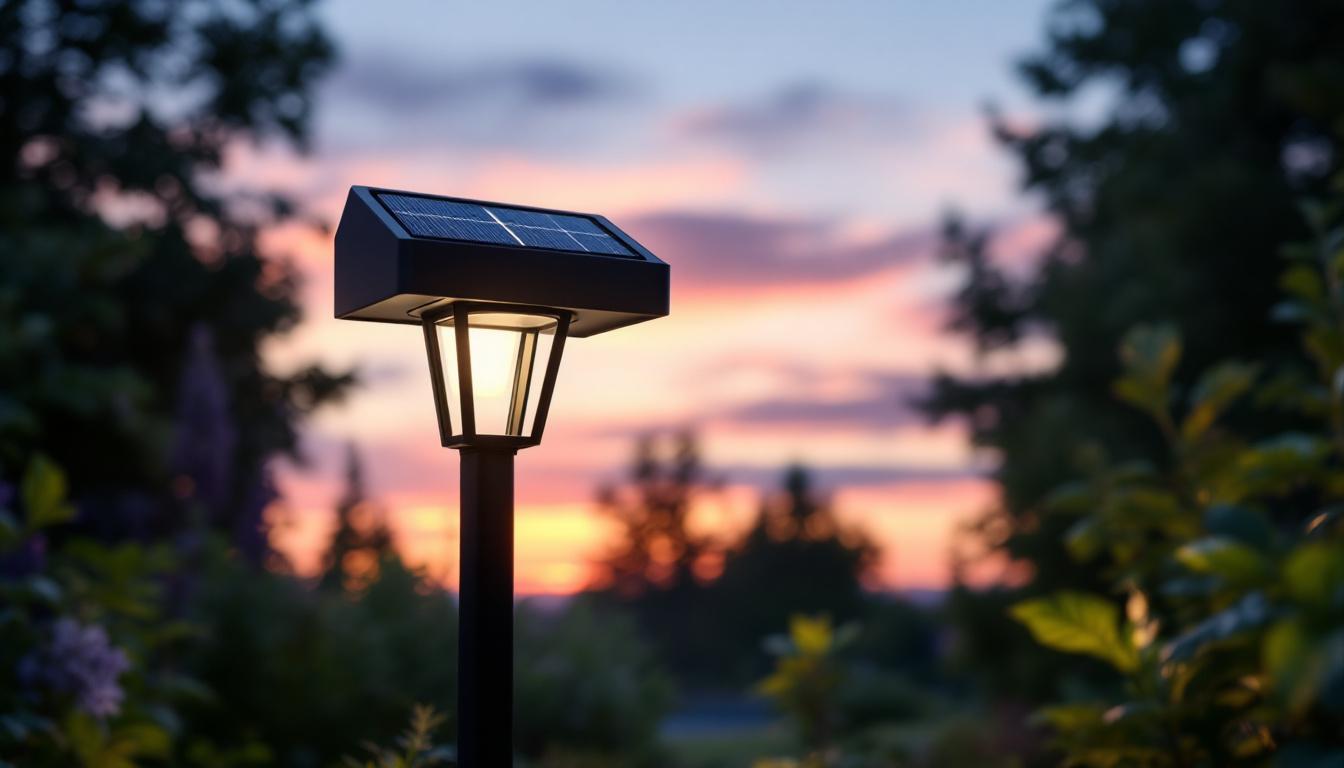 A photograph of a stylish black outdoor solar light in a beautifully landscaped garden during twilight