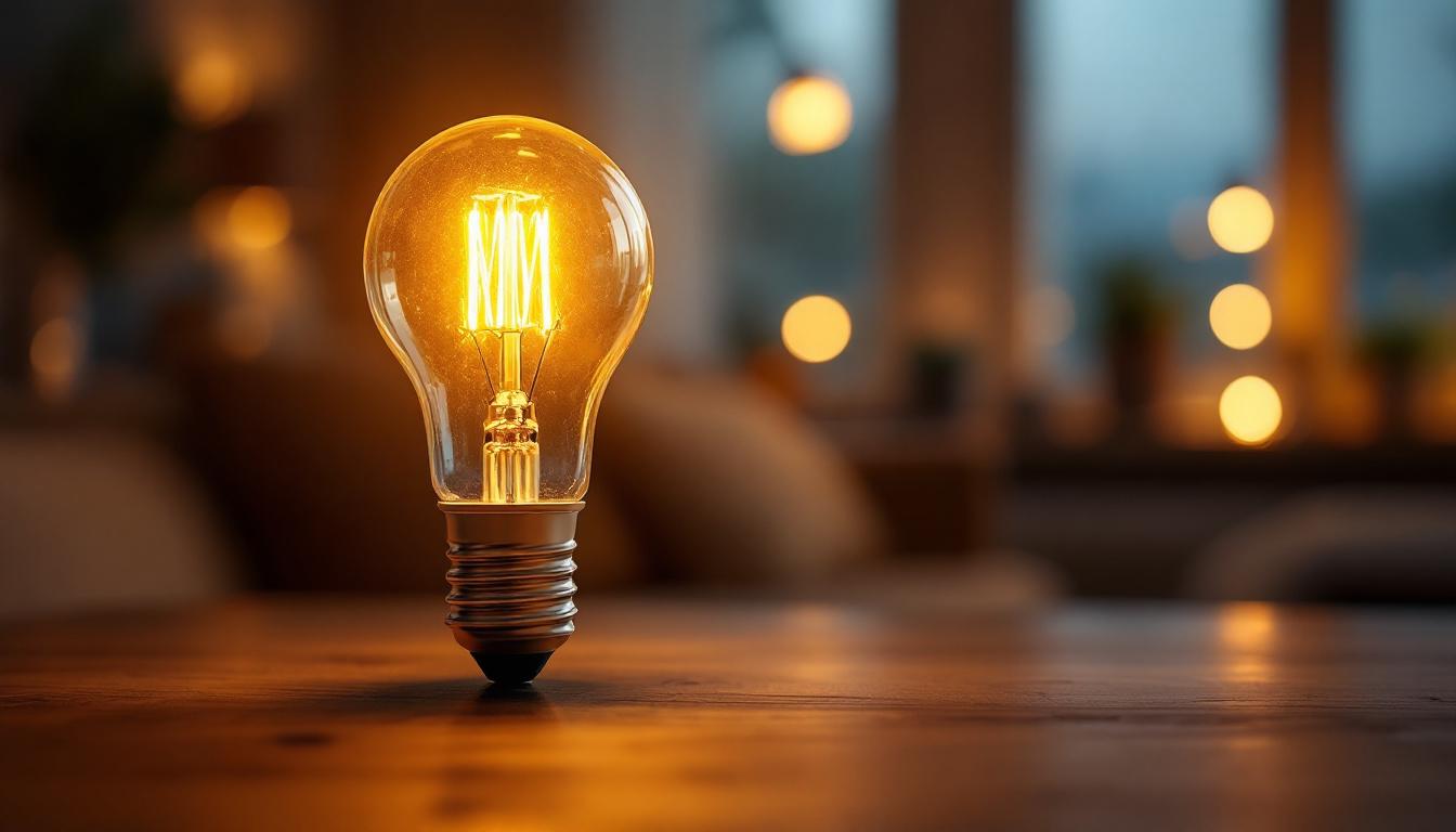 A photograph of a modern a19 light bulb illuminated in a stylish setting