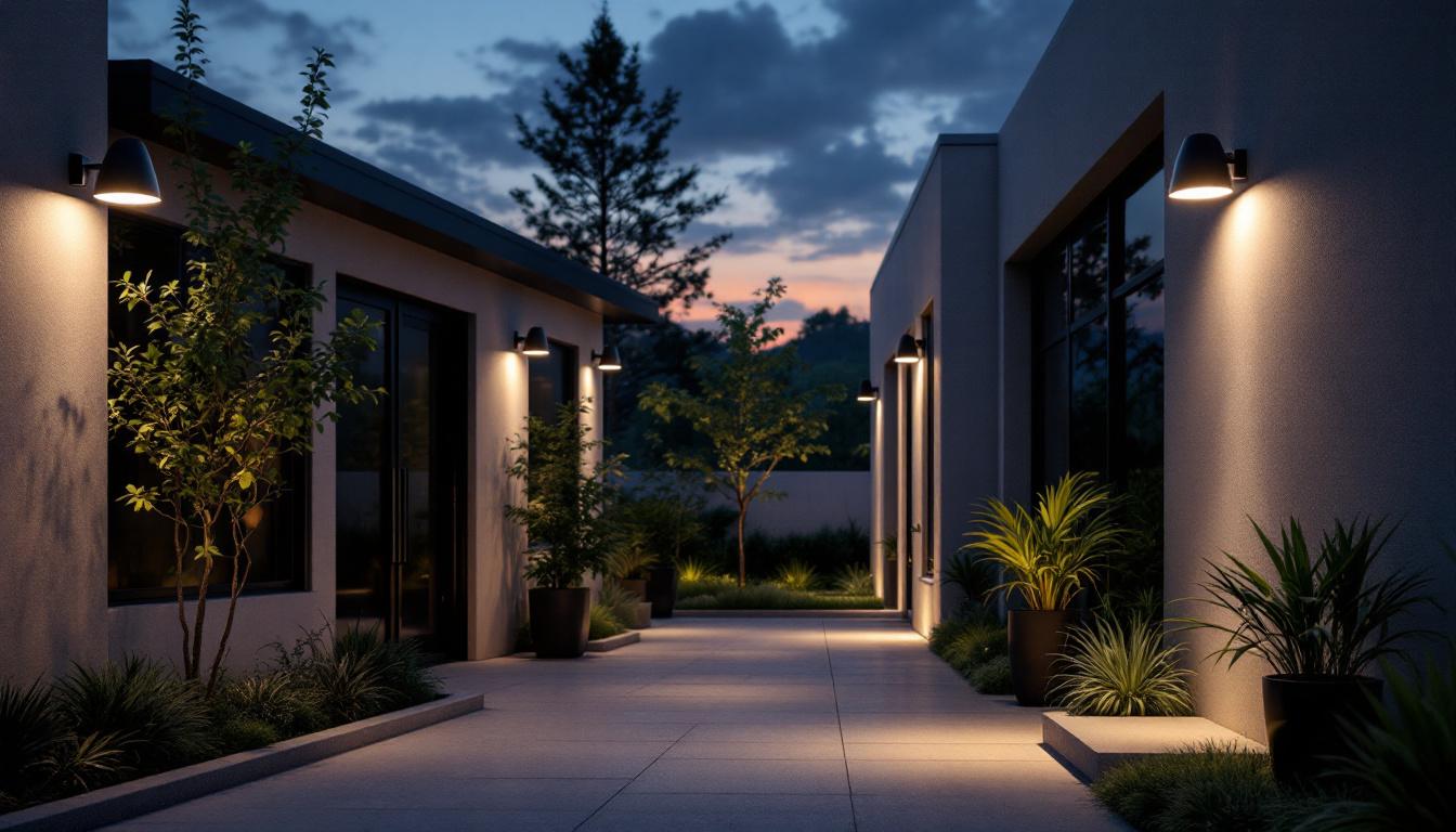 A photograph of a well-lit exterior space at dusk