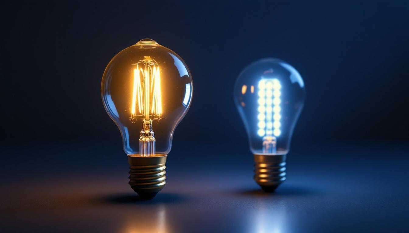 A photograph of a vintage light bulb alongside a modern led bulb