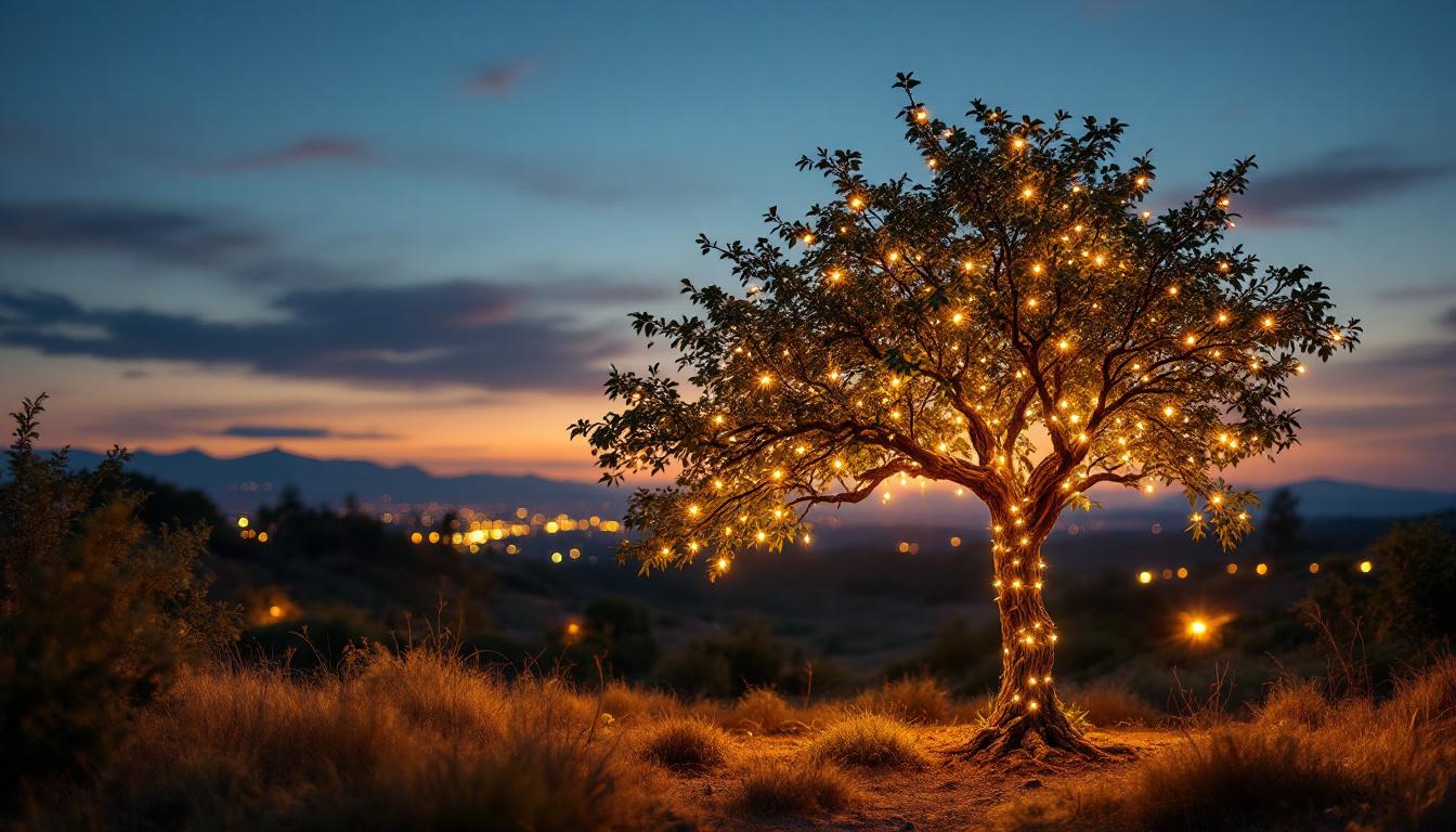 A photograph of a beautifully illuminated tree at dusk