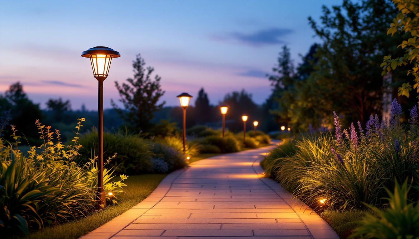 A photograph of capture a photograph of a beautifully landscaped pathway illuminated by tall solar pathway lights during twilight