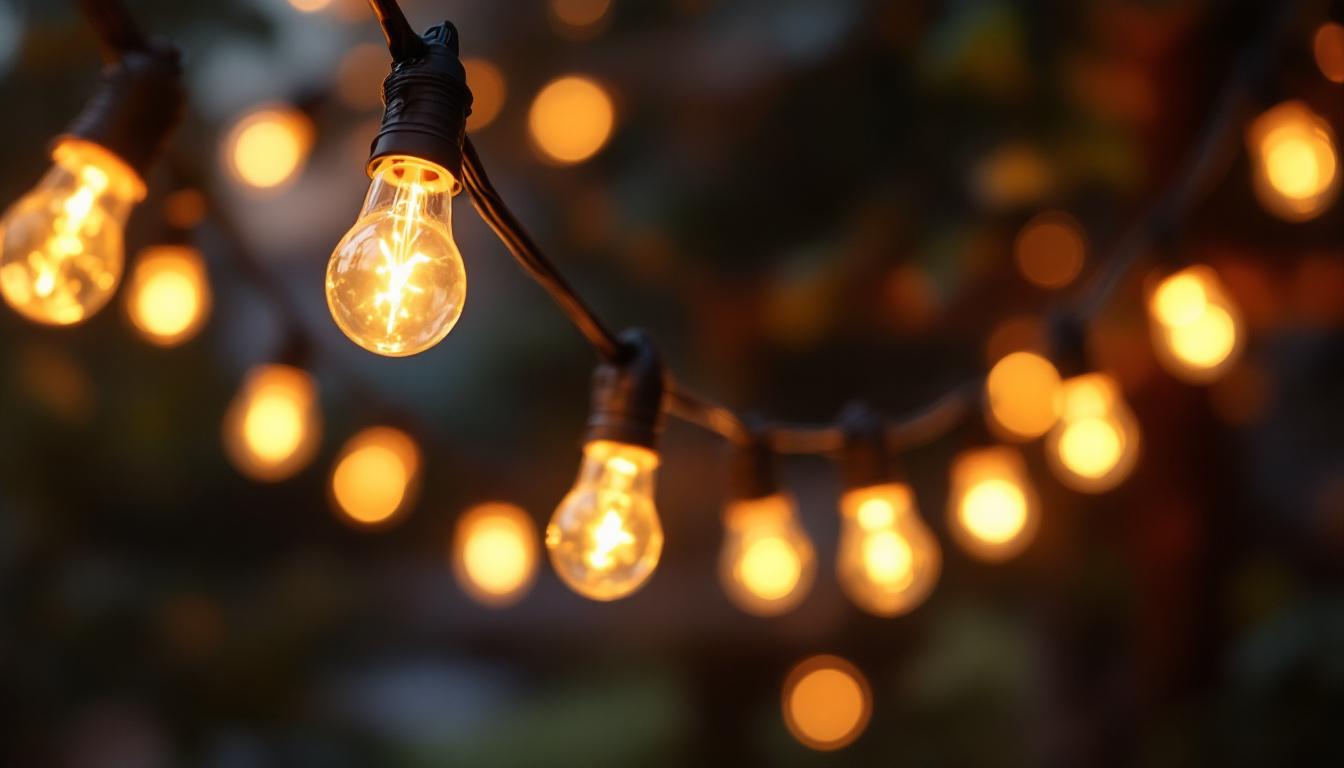 A photograph of a close-up shot of flickering string lights in a cozy outdoor setting